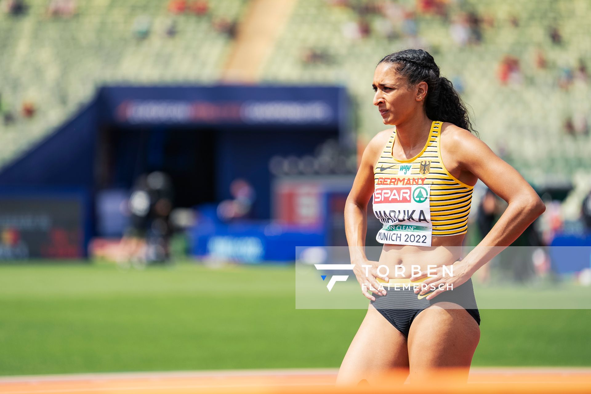 Jessie Maduka (GER) im Dreisprung am 17.08.2022 bei den Leichtathletik-Europameisterschaften in Muenchen