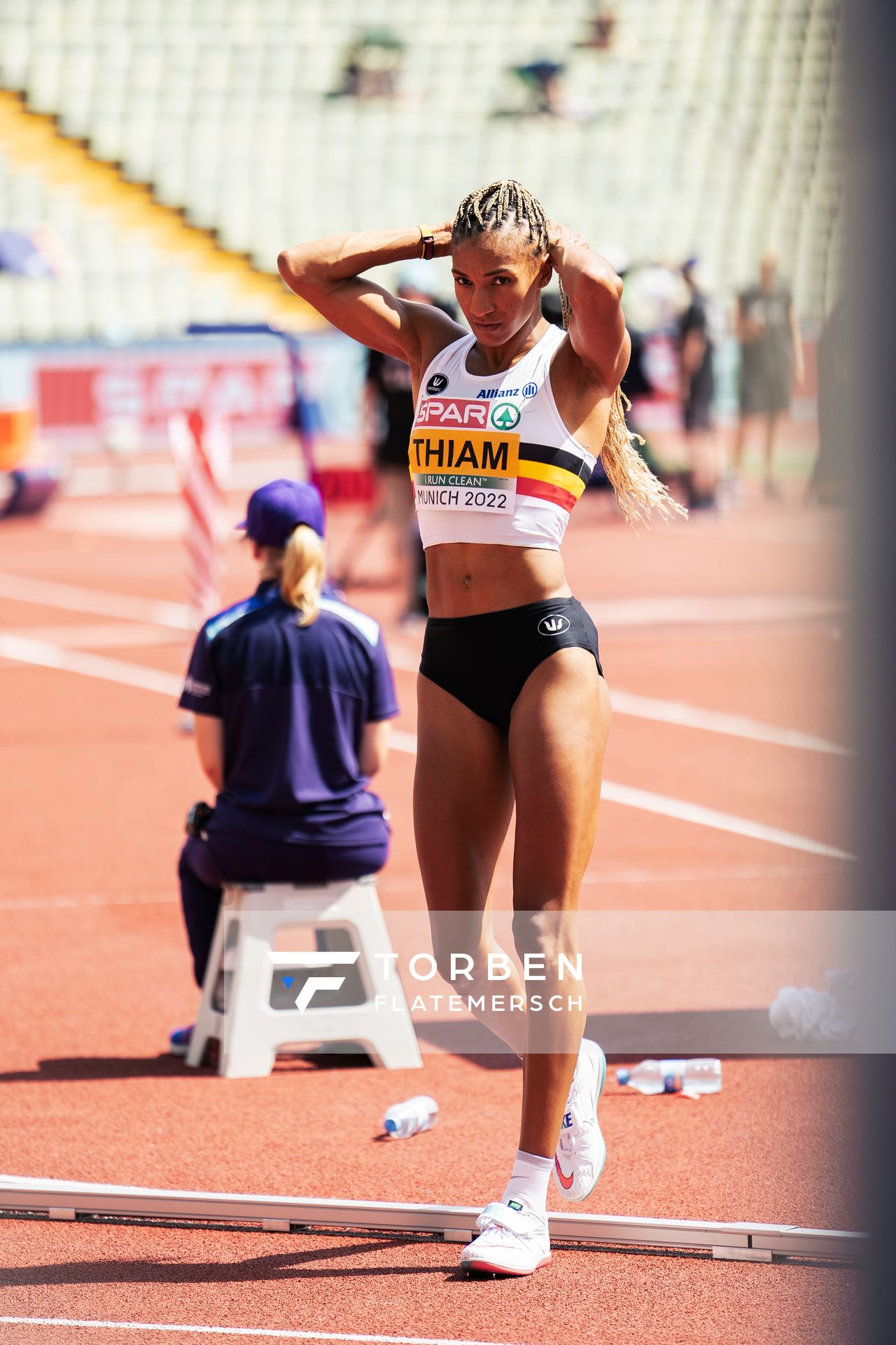 Nafissatou Thiam (BEL) beim Hochsprung am 17.08.2022 bei den Leichtathletik-Europameisterschaften in Muenchen