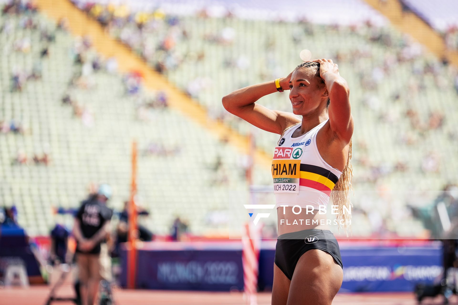 Nafissatou Thiam (BEL) beim Hochsprung am 17.08.2022 bei den Leichtathletik-Europameisterschaften in Muenchen