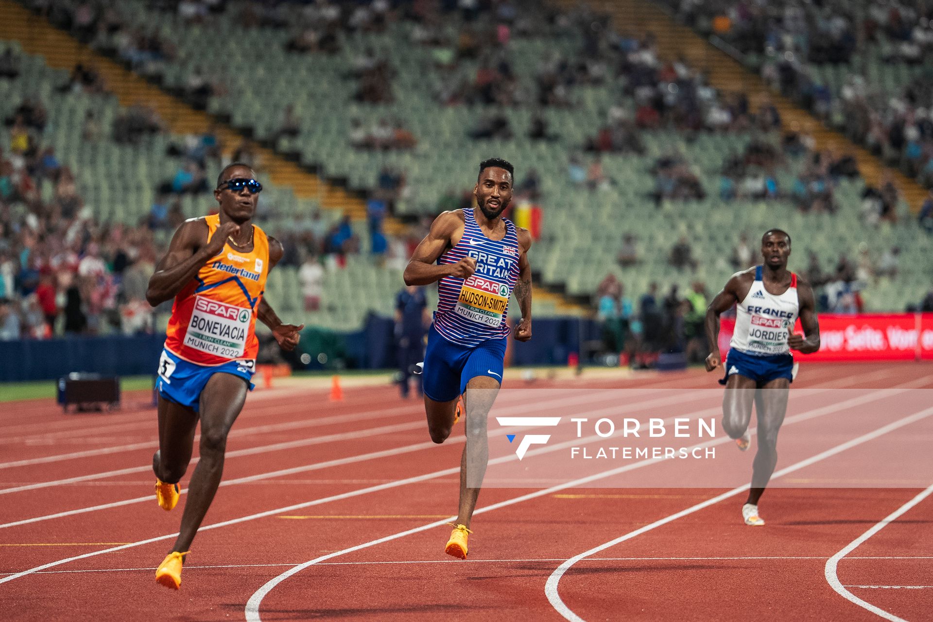 Liemarvin Bonevacia (NED), Matthew Hudson-Smith (GBR), Thomas Jordier (FRA), Lionel Spitz (SUI) am 17.08.2022 bei den Leichtathletik-Europameisterschaften in Muenchen