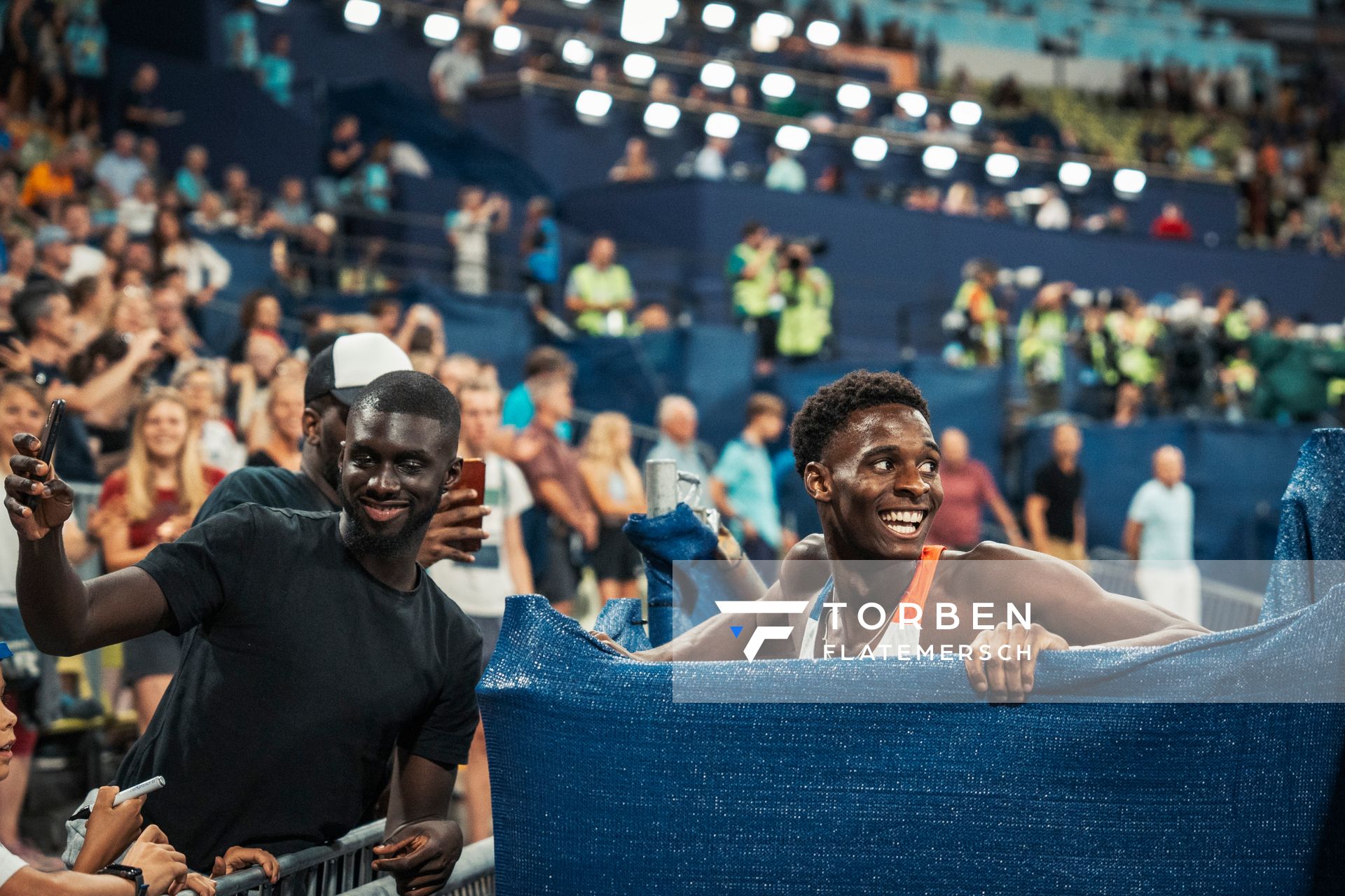 Just Kwaou-Mathey (FRA) gewinnt Bronze ueber 110m Huerden am 17.08.2022 bei den Leichtathletik-Europameisterschaften in Muenchen