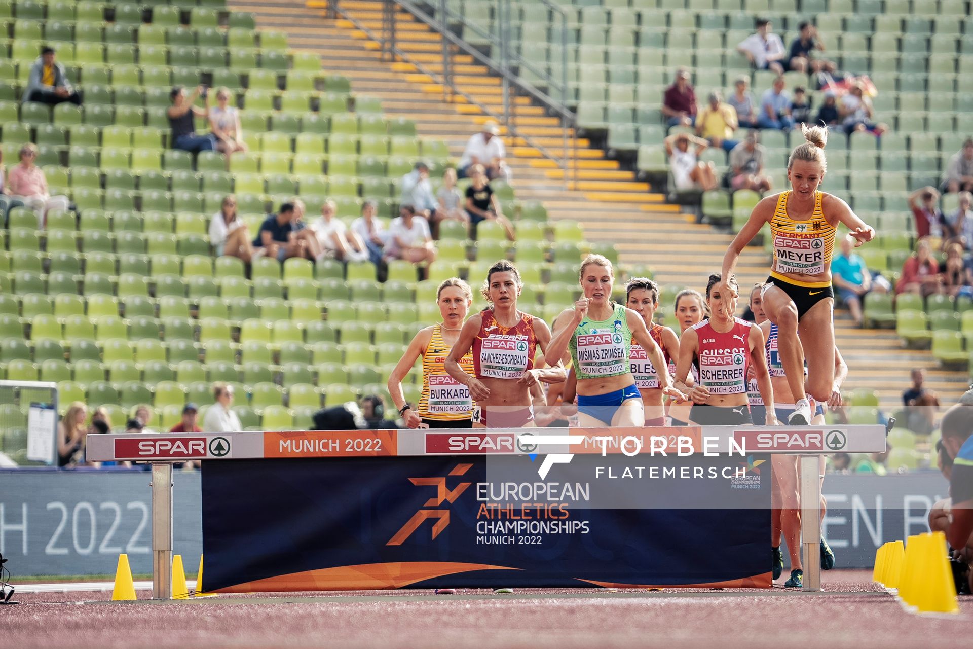 Lea Meyer (GER) im 3000m Hindernis Vorlauf am 18.08.2022 bei den Leichtathletik-Europameisterschaften in Muenchen