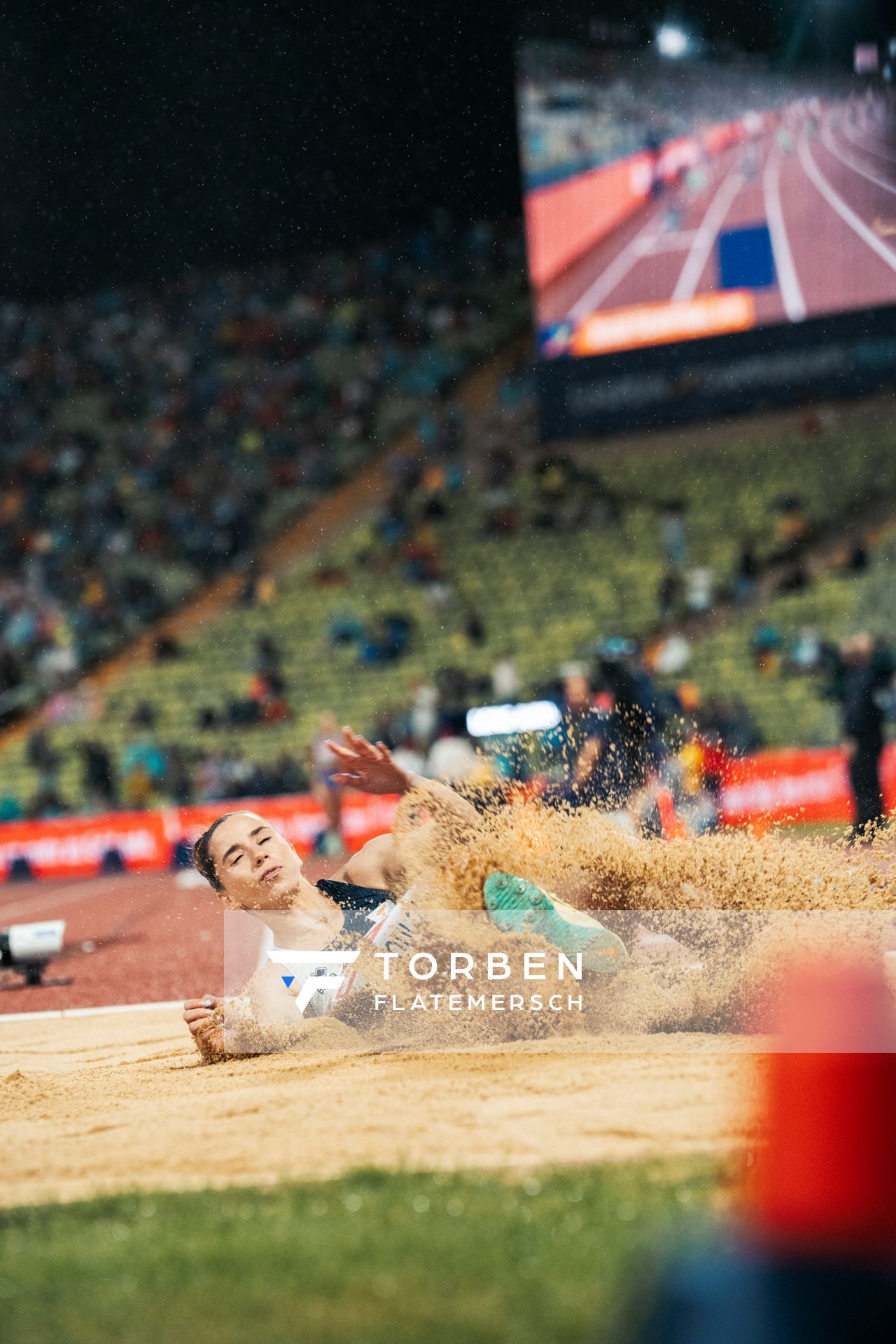 Filippa Fotopoulou (CYP) im Weitsprung am 18.08.2022 bei den Leichtathletik-Europameisterschaften in Muenchen