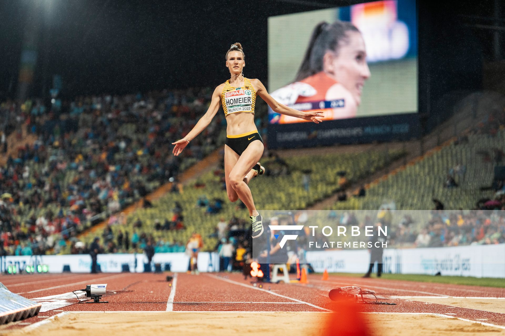 Merle Homeier (GER) beim Weitsprung am 18.08.2022 bei den Leichtathletik-Europameisterschaften in Muenchen