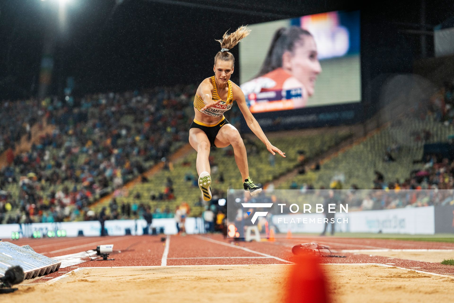 Merle Homeier (GER) beim Weitsprung am 18.08.2022 bei den Leichtathletik-Europameisterschaften in Muenchen