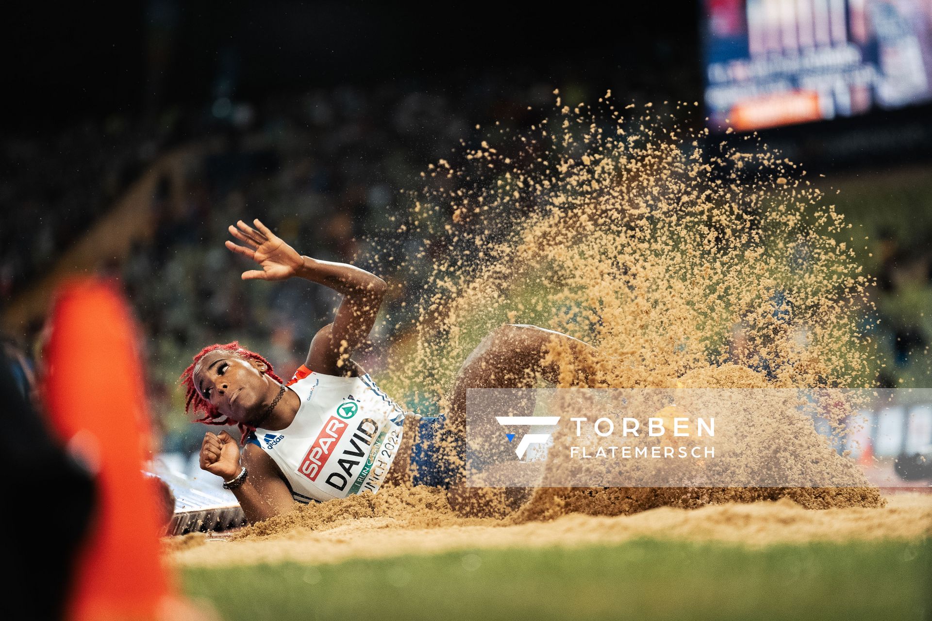 Yanis David (FRA) im Weitsprung am 18.08.2022 bei den Leichtathletik-Europameisterschaften in Muenchen