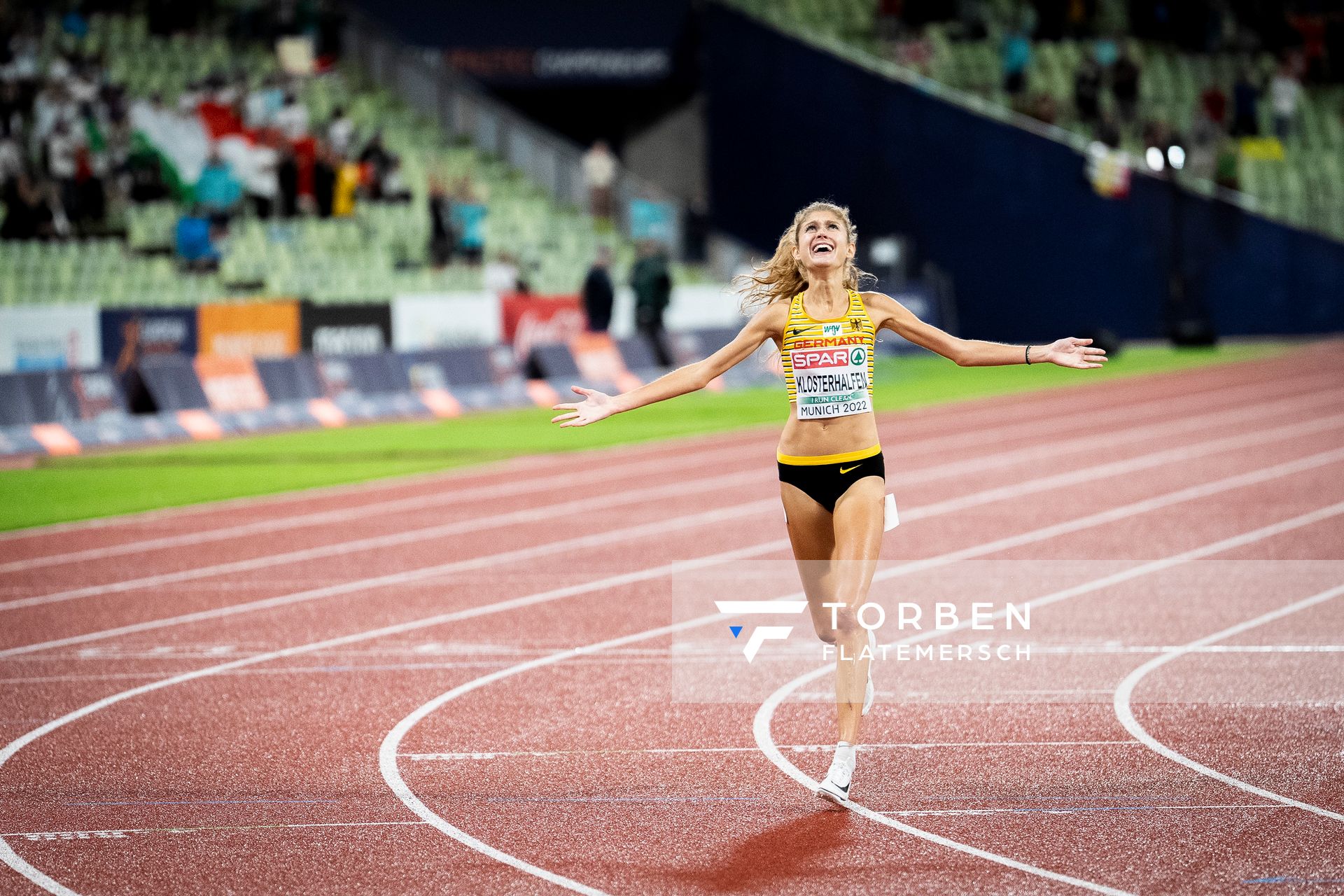 Konstanze Klosterhalfen (GER) gewinnt Gold ueber 5000m am 18.08.2022 bei den Leichtathletik-Europameisterschaften in Muenchen