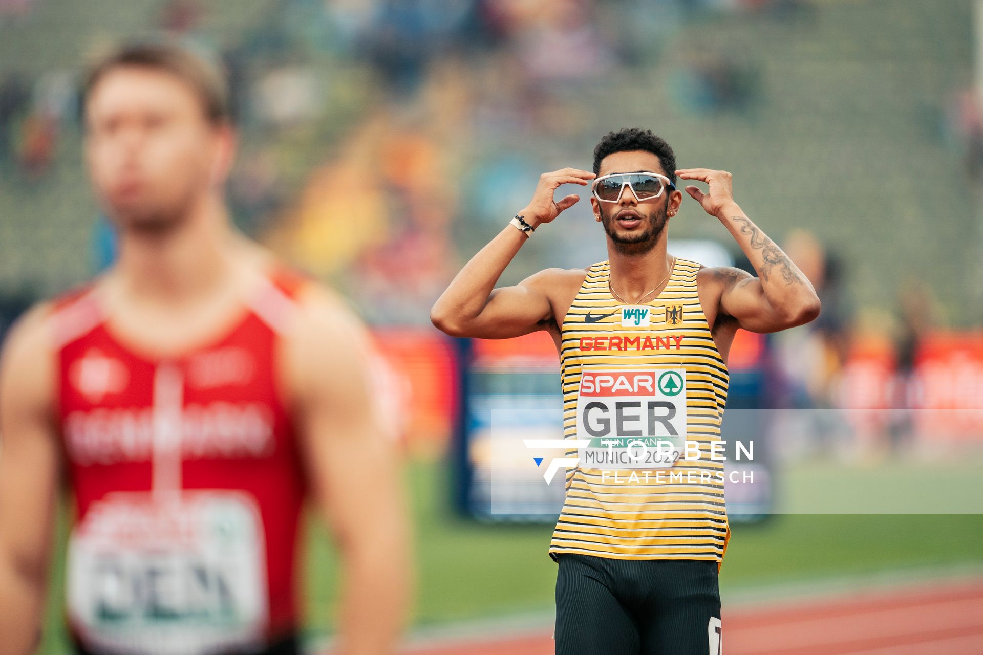 Joshua Hartmann (GER) zweiter Laeufer der 4x100m Staffel am 19.08.2022 bei den Leichtathletik-Europameisterschaften in Muenchen