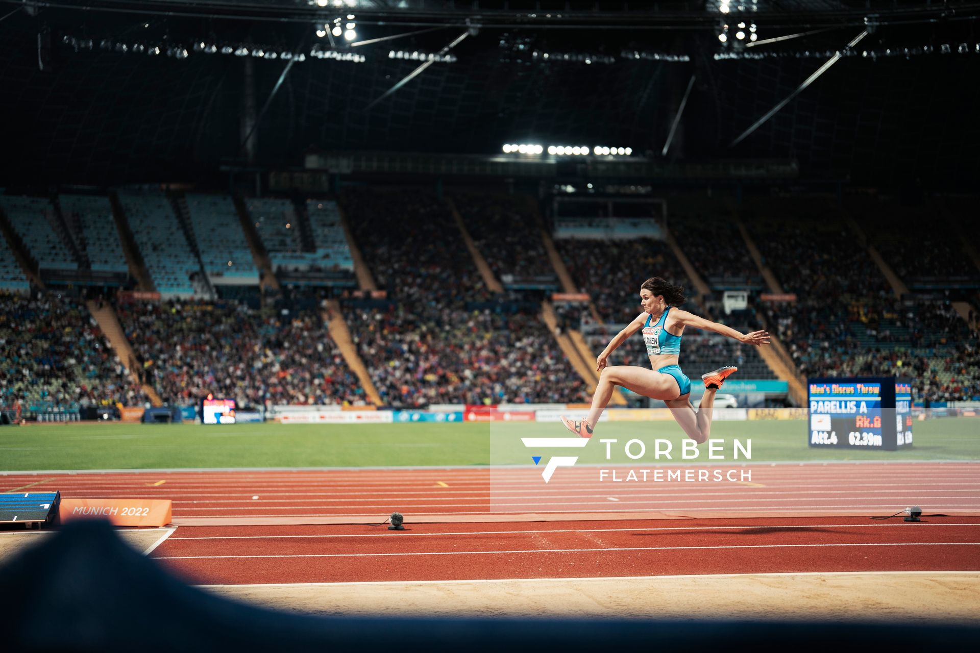 Senni Salminen (FIN) im Dreisprung am 19.08.2022 bei den Leichtathletik-Europameisterschaften in Muenchen