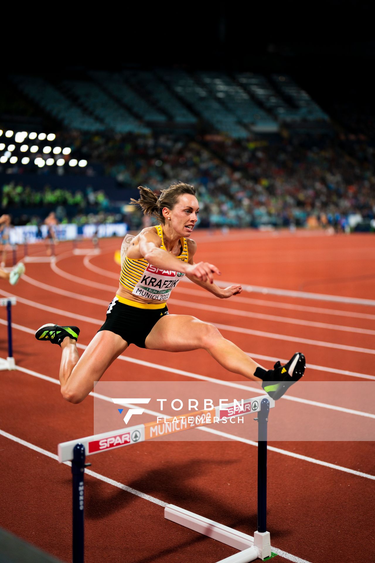 Carolina Krafzik (GER) im 400m Huerden Finale am 19.08.2022 bei den Leichtathletik-Europameisterschaften in Muenchen