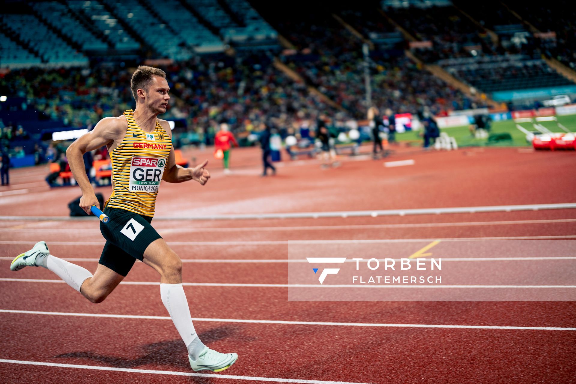 Marvin Schlegel (GER) als Startlaeufer der 4x400m Staffel am 20.08.2022 bei den Leichtathletik-Europameisterschaften in Muenchen