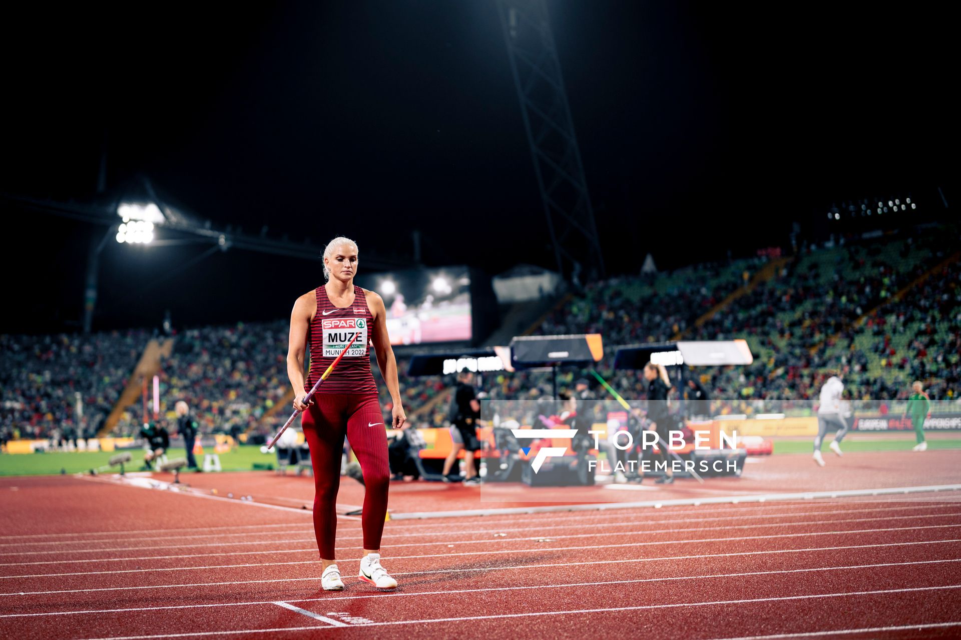 Līna Muze (LAT) beim Sperrwerfen am 20.08.2022 bei den Leichtathletik-Europameisterschaften in Muenchen