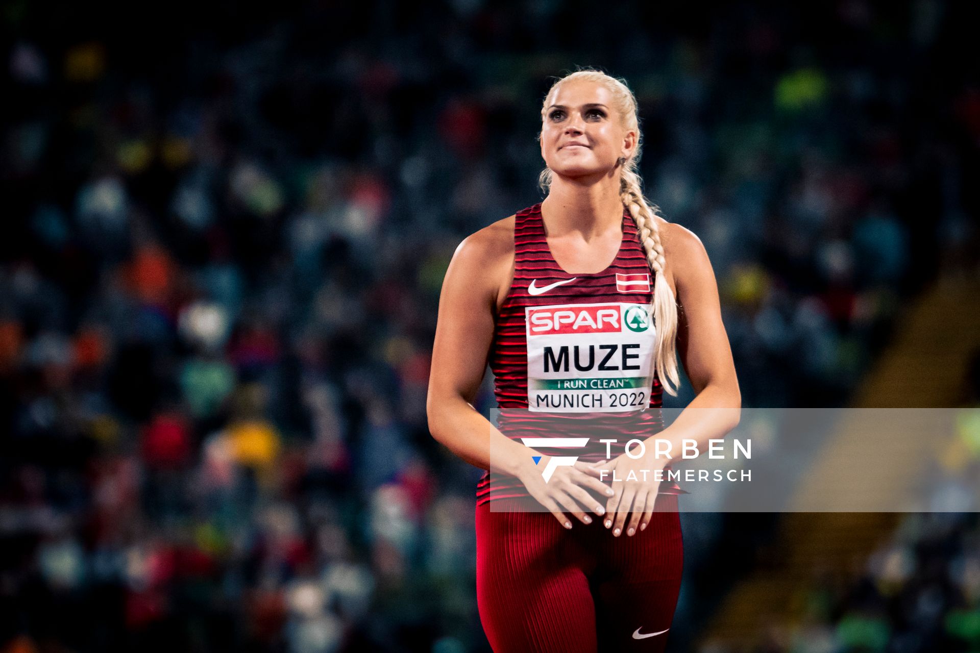 Līna Muze (LAT) beim Sperrwerfen am 20.08.2022 bei den Leichtathletik-Europameisterschaften in Muenchen