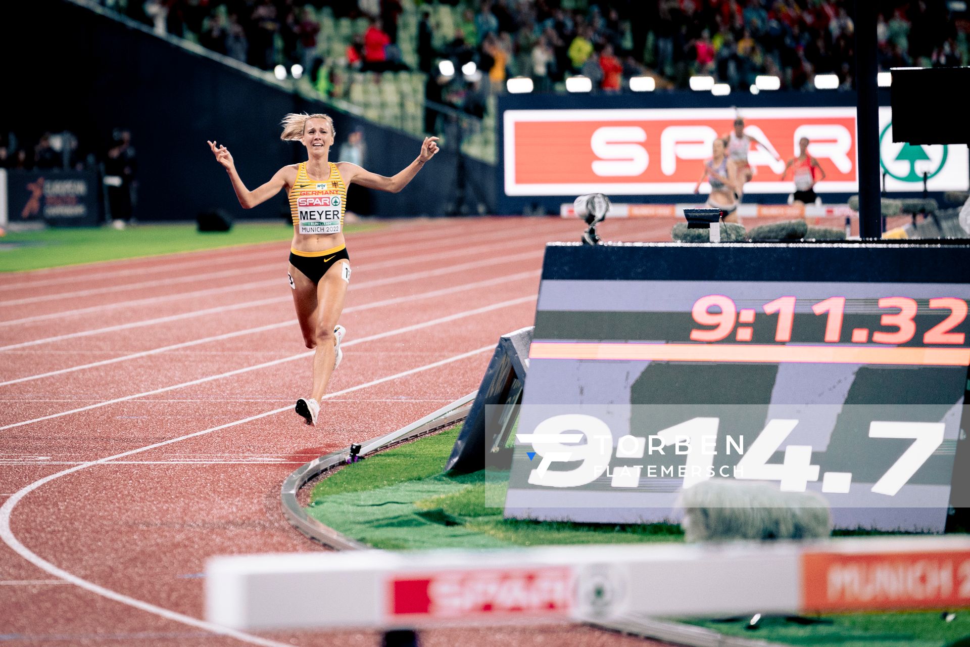 Lea Meyer (GER) im 3000m Hindernis Finale am 20.08.2022 bei den Leichtathletik-Europameisterschaften in Muenchen