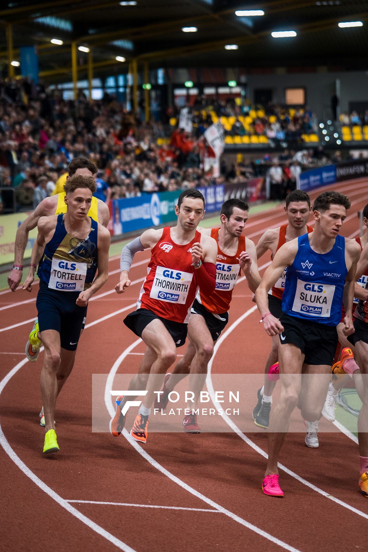 Marc Tortell (Athletics Team Karben), Maximilian Thorwirth (SFD 75 Duesseldorf-Sued), Maximilian Sluka (TV Wattenscheid 01) bei den Deutschen Leichtathletik-Hallenmeisterschaften am 18.02.2023 in der Helmut-Koernig-Halle in Dortmund