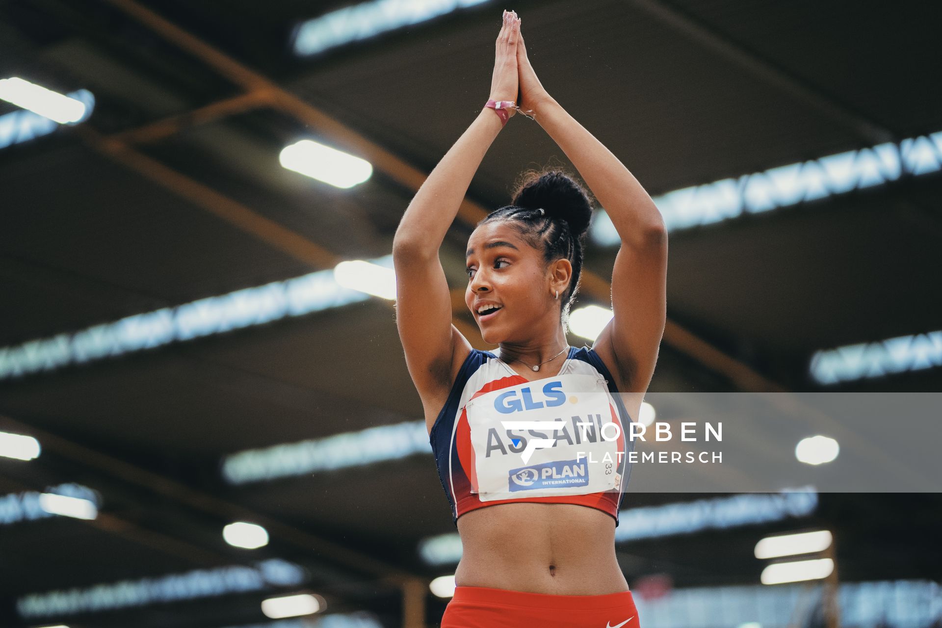 Mikaelle Assani (LG Region Karlsruhe) bei den Deutschen Leichtathletik-Hallenmeisterschaften am 19.02.2023 in der Helmut-Koernig-Halle in Dortmund