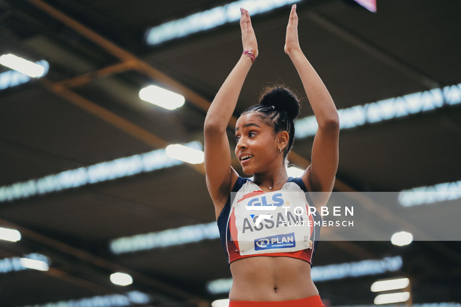 Mikaelle Assani (LG Region Karlsruhe) bei den Deutschen Leichtathletik-Hallenmeisterschaften am 19.02.2023 in der Helmut-Koernig-Halle in Dortmund