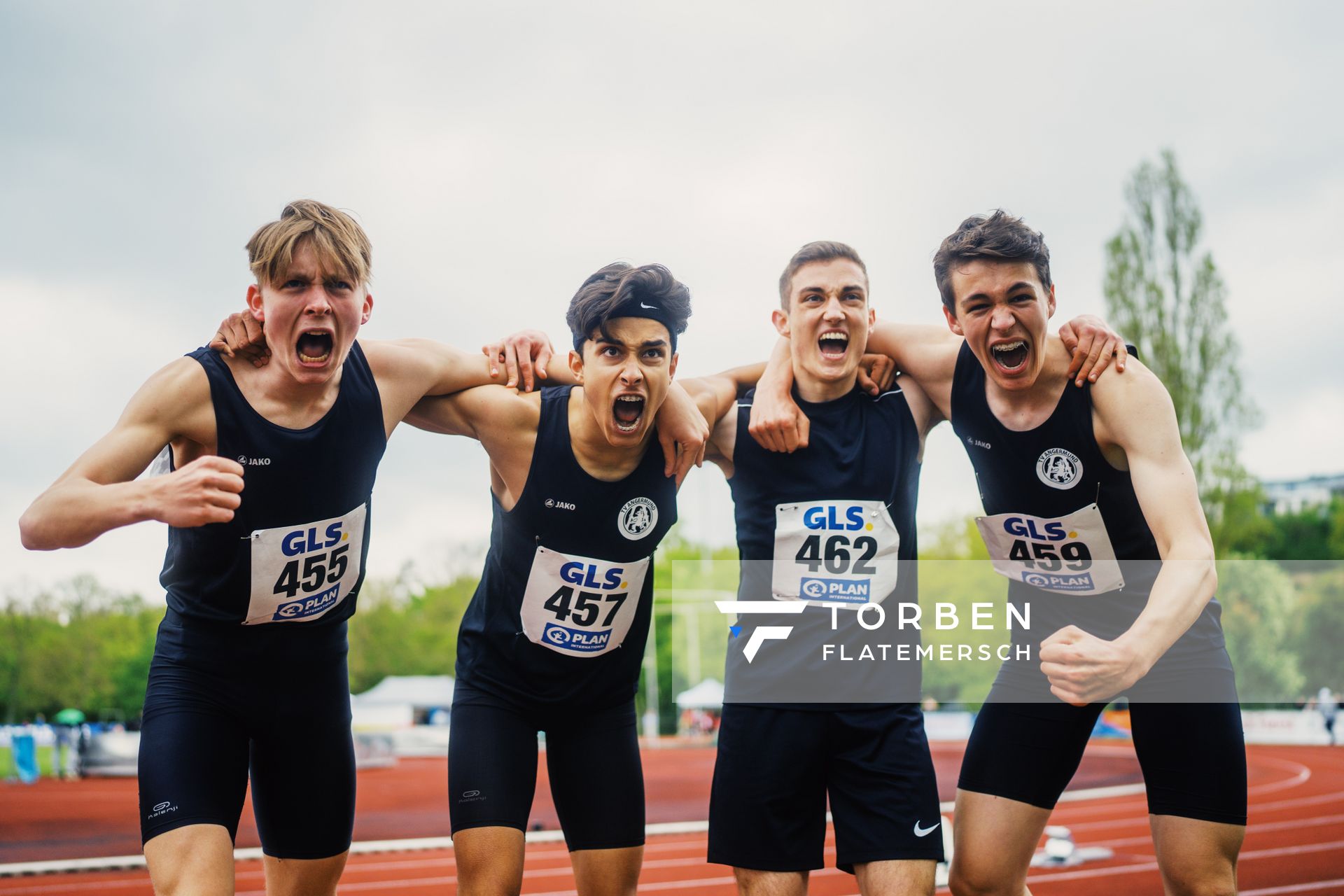 Nico Hoernke (StG Duesseldorf), Alexander Maennel (StG Duesseldorf), Leon Gruenewald (StG Duesseldorf), Luis Schaedlich (StG Duesseldorf) am 29.04.2023 bei den deutschen Meisterschaften Langstaffel in Bietigheim-Bissingen