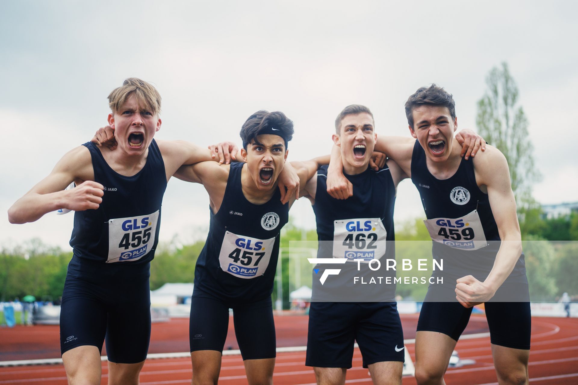 Nico Hoernke (StG Duesseldorf), Alexander Maennel (StG Duesseldorf), Leon Gruenewald (StG Duesseldorf), Luis Schaedlich (StG Duesseldorf) am 29.04.2023 bei den deutschen Meisterschaften Langstaffel in Bietigheim-Bissingen