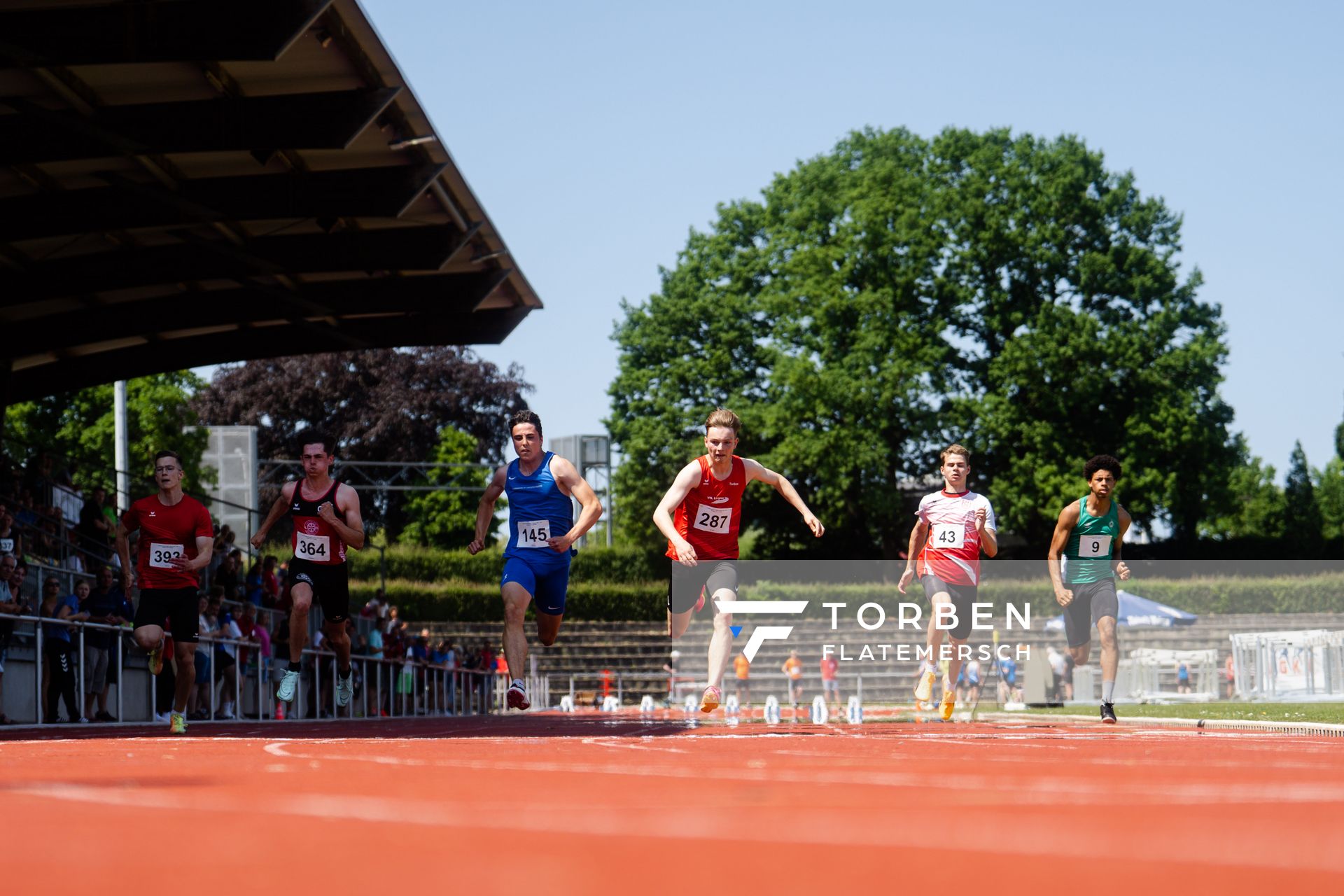 Finn Duda (LG Osterode), Elias Crystalla (LG Osnabrueck), Paul Biebl (Garbsener SC), Torben Lillie (VfL Lingen), Coord Goeken (MTV Aurich), Pharell Okoduwa (SV Werder Bremen) am 10.06.2023 waehrend den NLV + BLV U20/U16 Landesmeisterschaften im Stadion Berliner Ring in Verden