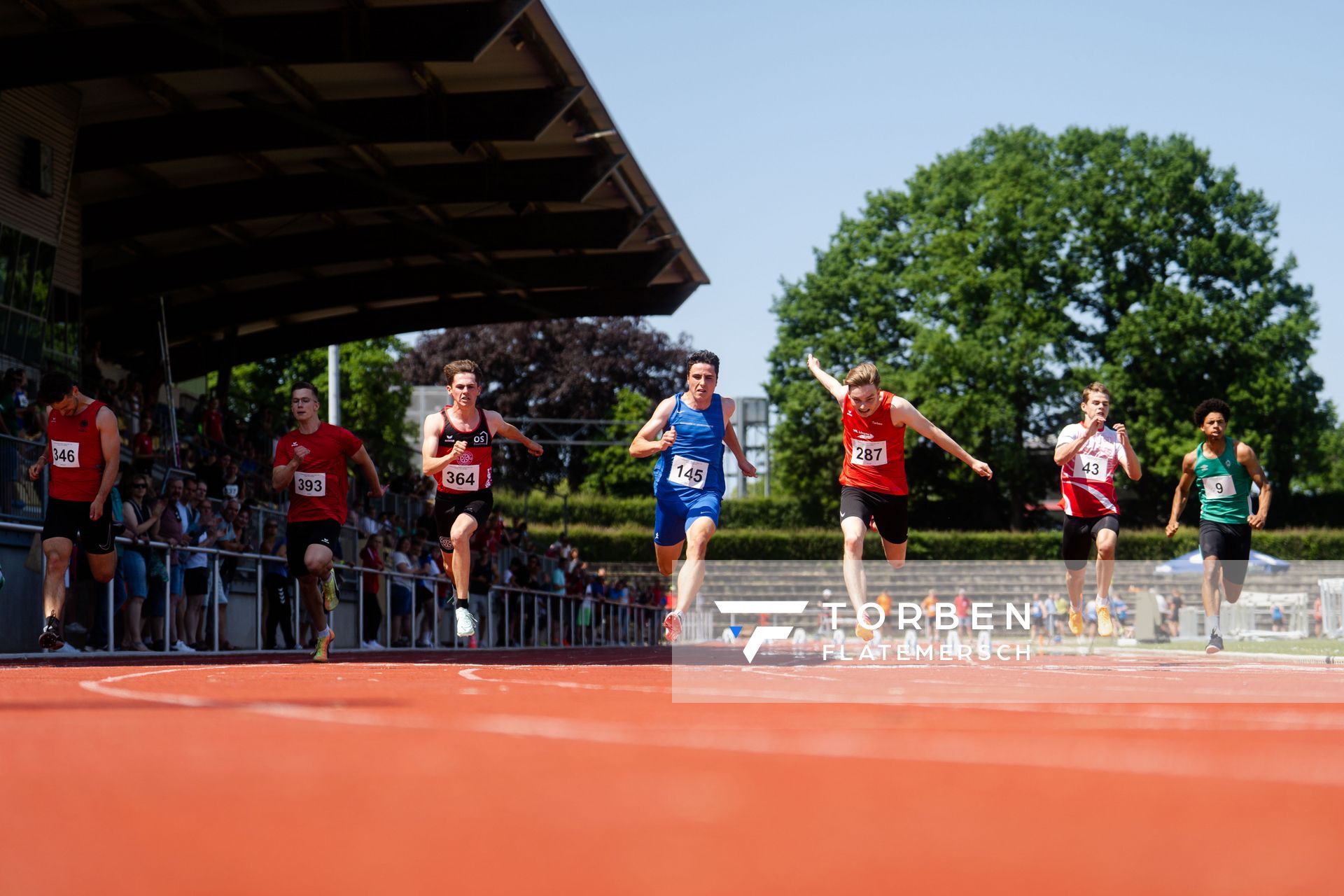 Finn Duda (LG Osterode), Elias Crystalla (LG Osnabrueck), Paul Biebl (Garbsener SC), Torben Lillie (VfL Lingen), Coord Goeken (MTV Aurich), Pharell Okoduwa (SV Werder Bremen) am 10.06.2023 waehrend den NLV + BLV U20/U16 Landesmeisterschaften im Stadion Berliner Ring in Verden