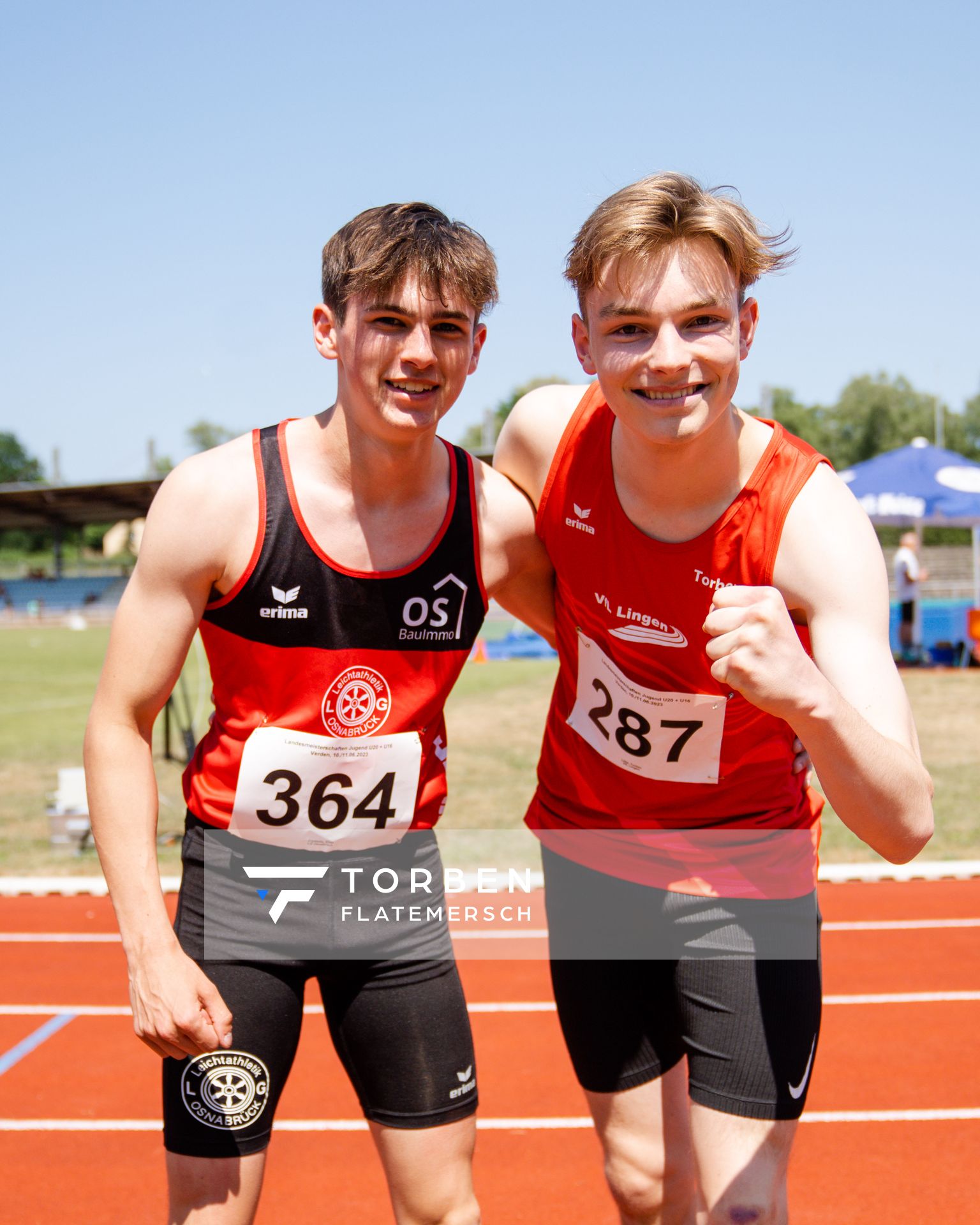 Elias Crystalla (LG Osnabrueck), Torben Lillie (VfL Lingen) am 10.06.2023 waehrend den NLV + BLV U20/U16 Landesmeisterschaften im Stadion Berliner Ring in Verden