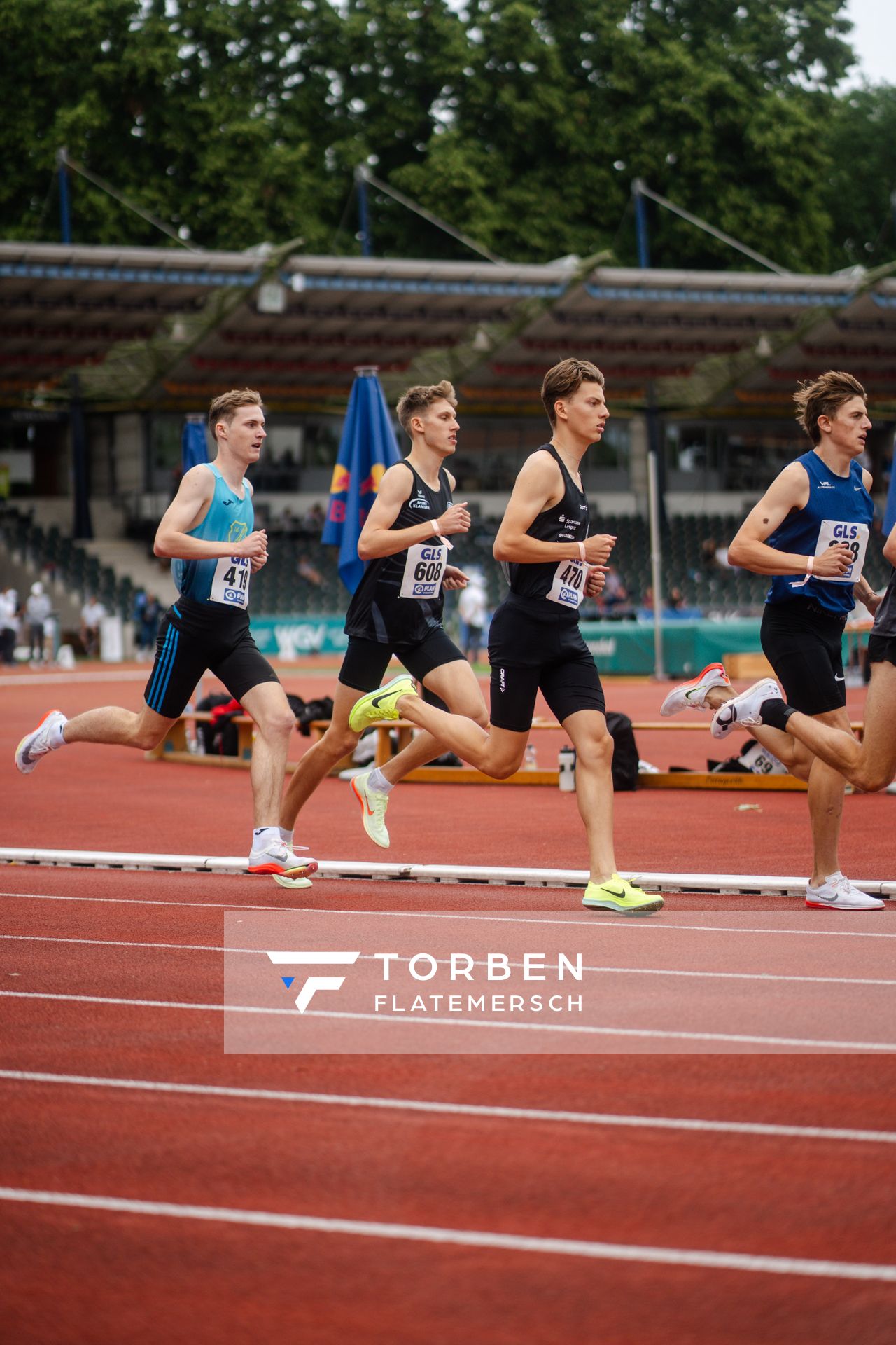 Simon Trampusch (TuS Framersheim), Robert Fuelle (SSV Ulm 1846), Rodion Beimler (SC DHfK Leipzig e.V.) am 01.07.2023 waehrend den deutschen U23 Leichtathletik-Meisterschaften im Jahnstadion in Göttingen