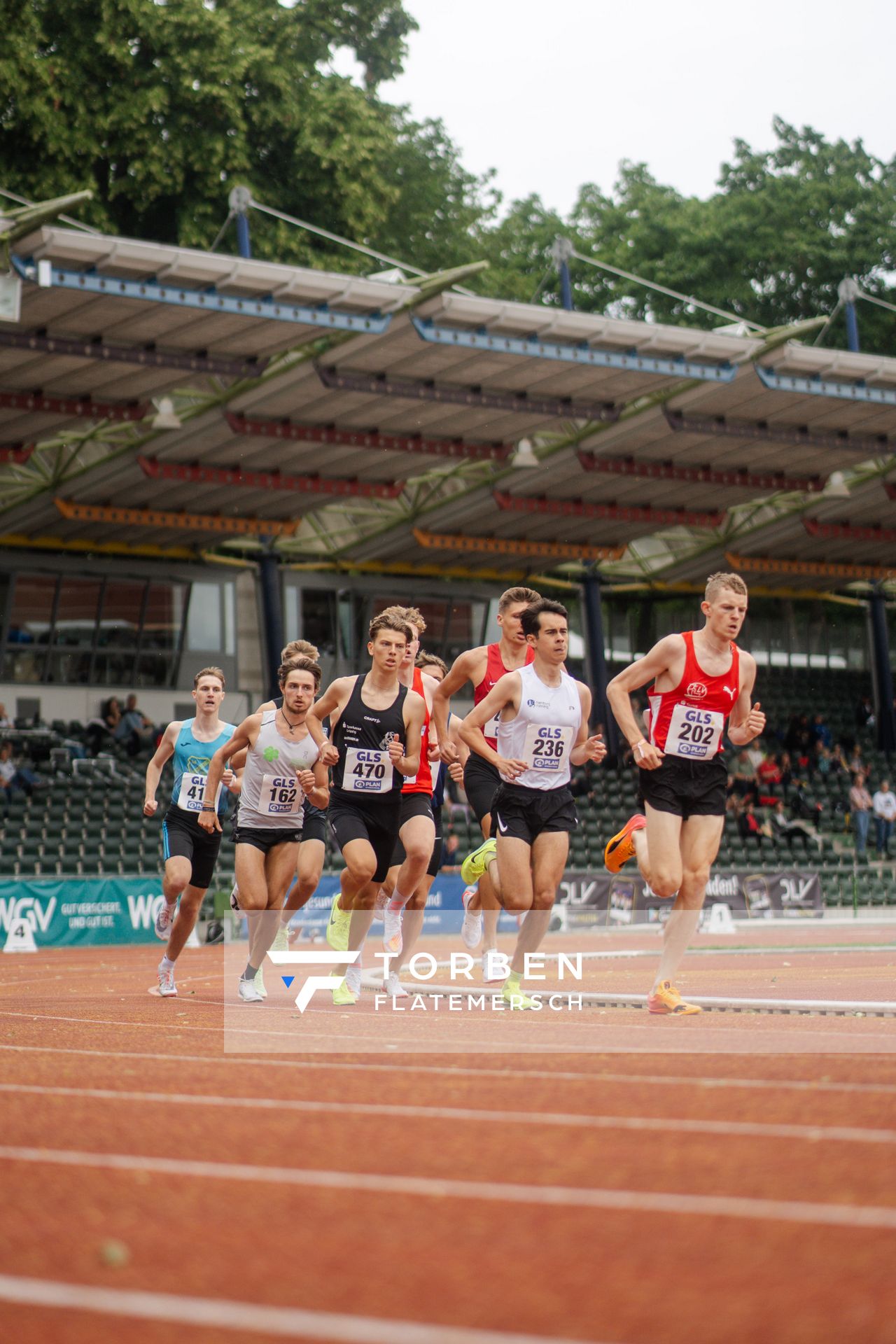 Tom Klose (TSV Bayer 04 Leverkusen), Sven Wagner (Koenigsteiner LV), Jan Eric Buesing (Hamburg Running), Maximilian Berger (TuS Bad Aibling), Rodion Beimler (SC DHfK Leipzig e.V.), Simon Trampusch (TuS Framersheim) am 01.07.2023 waehrend den deutschen U23 Leichtathletik-Meisterschaften im Jahnstadion in Göttingen