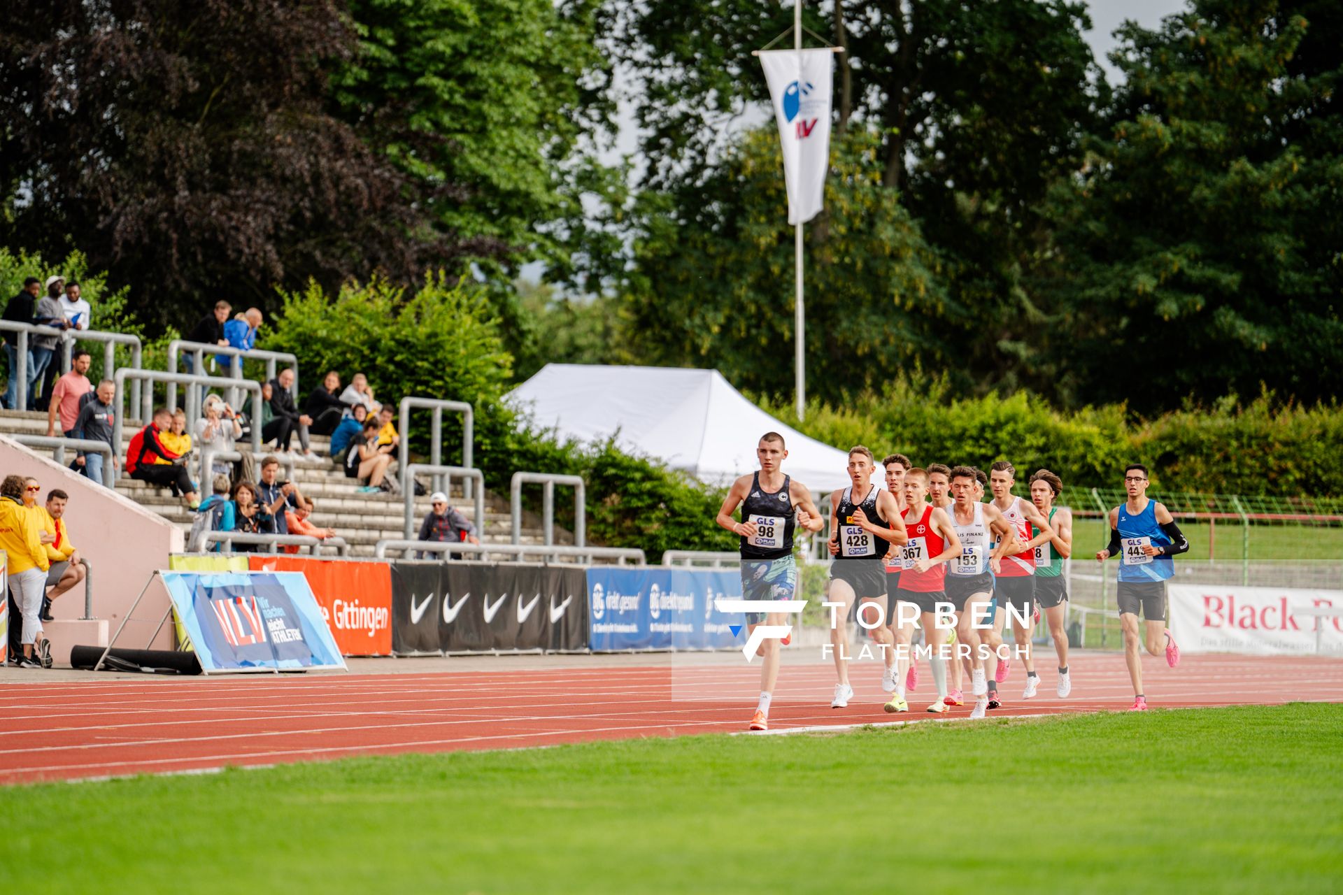 Theodor Schucht (SCC Berlin), Benjamin Dern (Silvesterlauf Trier), Constantin Carls (TSV Bayer 04 Leverkusen), Tobias Prater (LG TELIS FINANZ Regensburg) am 01.07.2023 waehrend den deutschen U23 Leichtathletik-Meisterschaften im Jahnstadion in Göttingen