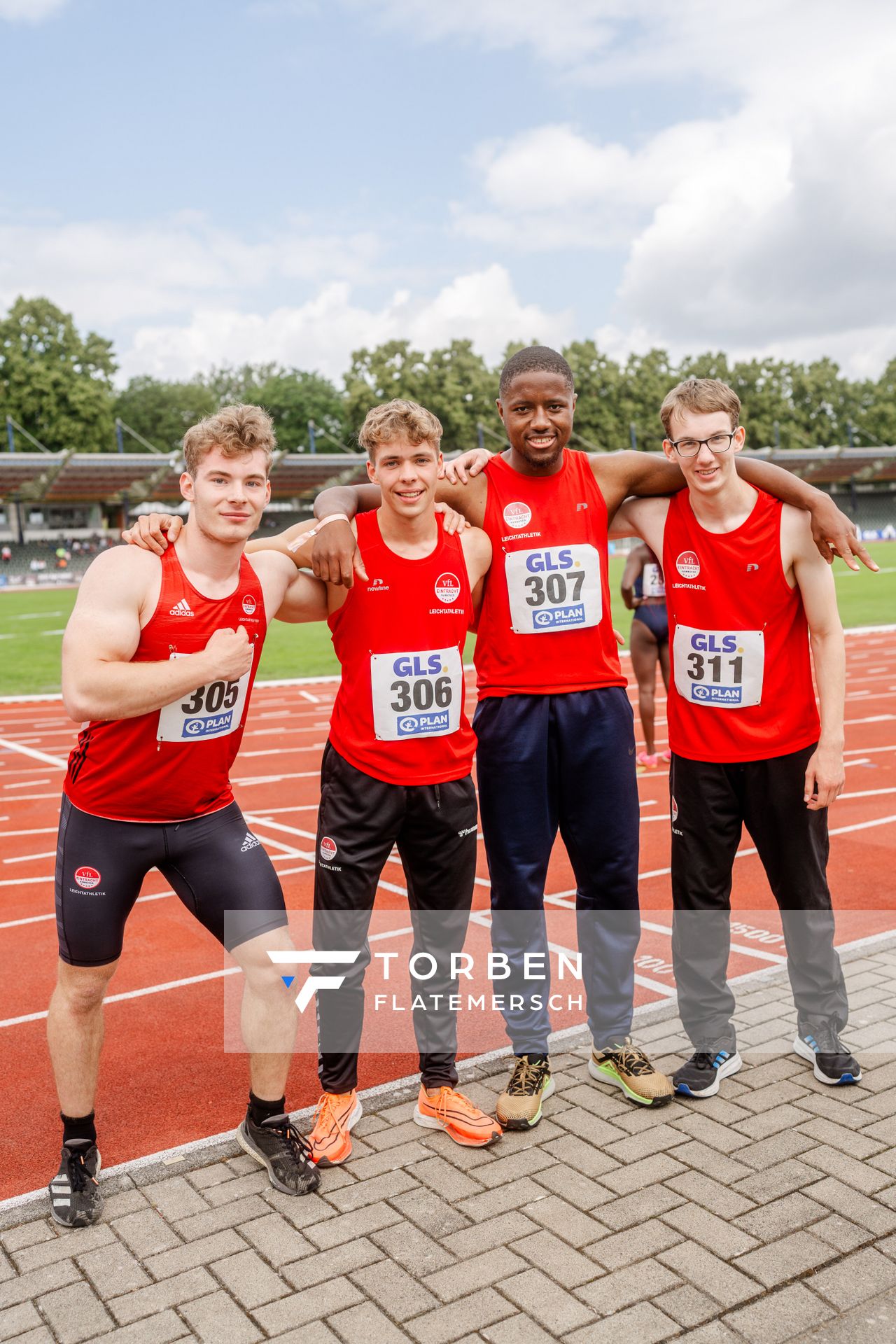 Frederik Postler (VfL Eintracht Hannover), Fabio Borchardt (VfL Eintracht Hannover), Fawzane Salifou (VfL Eintracht Hannover), Phil Halfmann (VfL Eintracht Hannover) am 02.07.2023 waehrend den deutschen U23 Leichtathletik-Meisterschaften im Jahnstadion in Göttingen