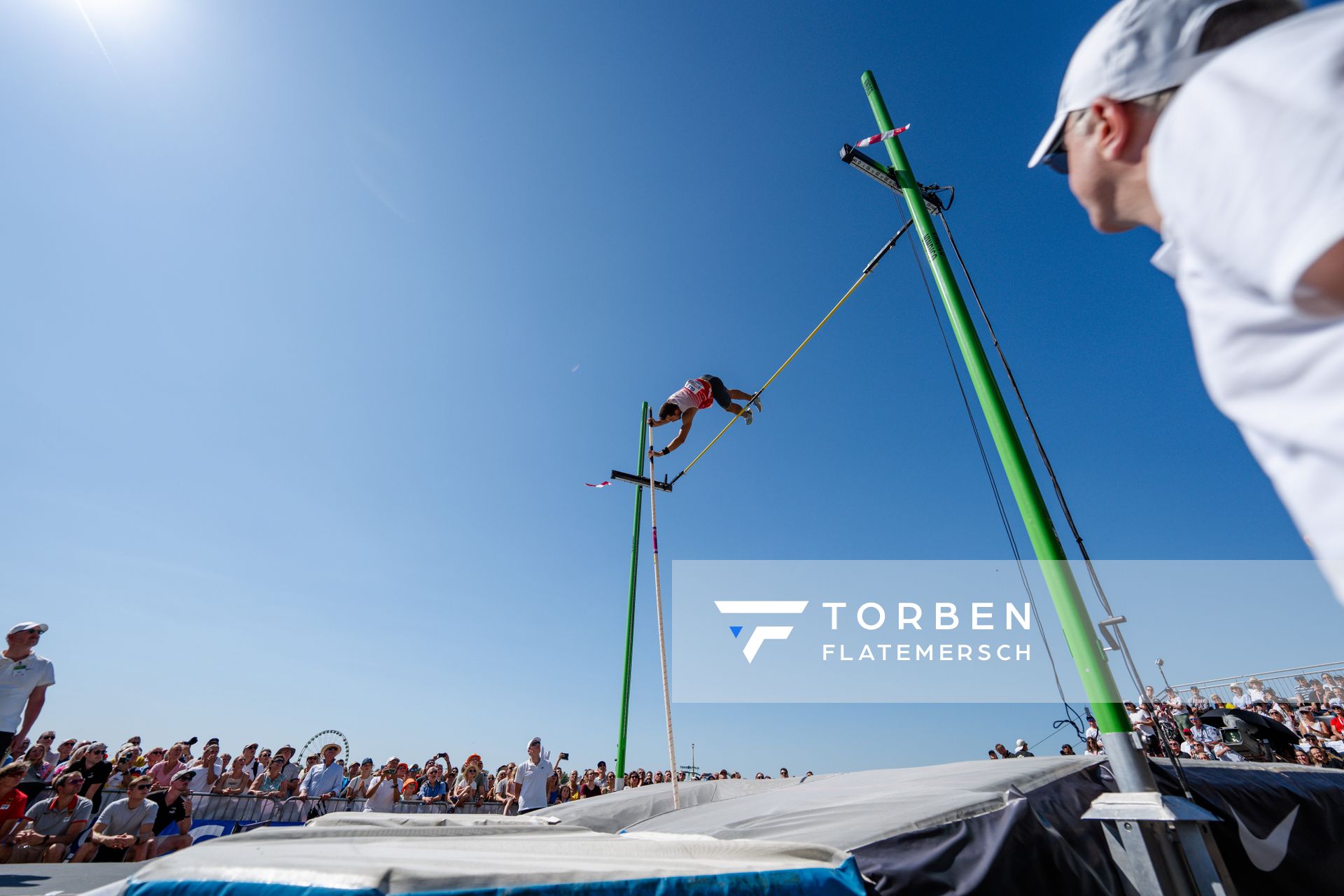 Dennis Hutterer (ASC Darmstadt) beim Stabhochsprung der Deutschen Leichtathletik-Meisterschaften im Rahmen der Finals 2023 Rhein-Ruhr am 07.07.2023 am Rheinufer in Duesseldorf