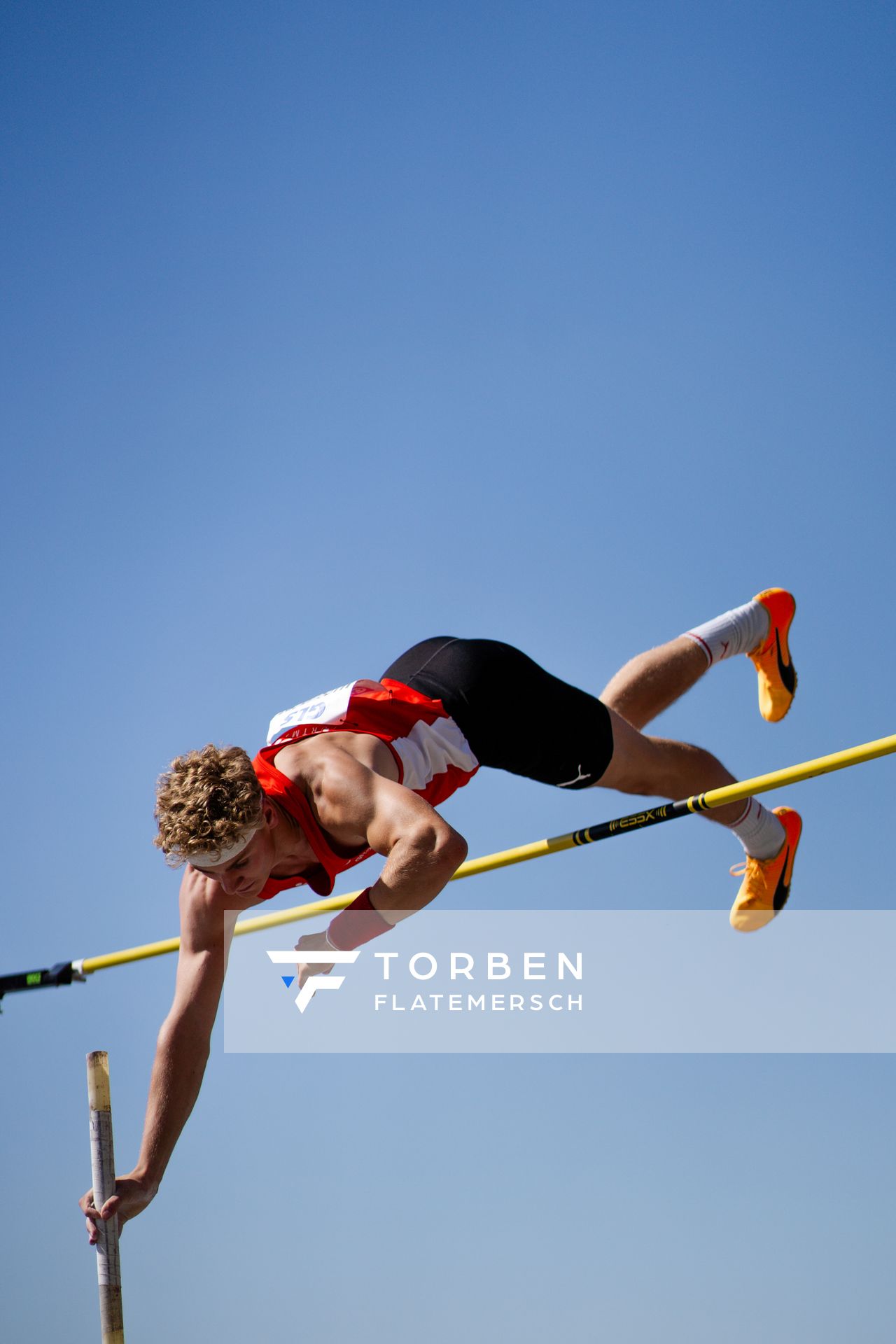 Till Marburger (LG Olympia Dortmund) beim Stabhochsprung der Deutschen Leichtathletik-Meisterschaften im Rahmen der Finals 2023 Rhein-Ruhr am 07.07.2023 am Rheinufer in Duesseldorf