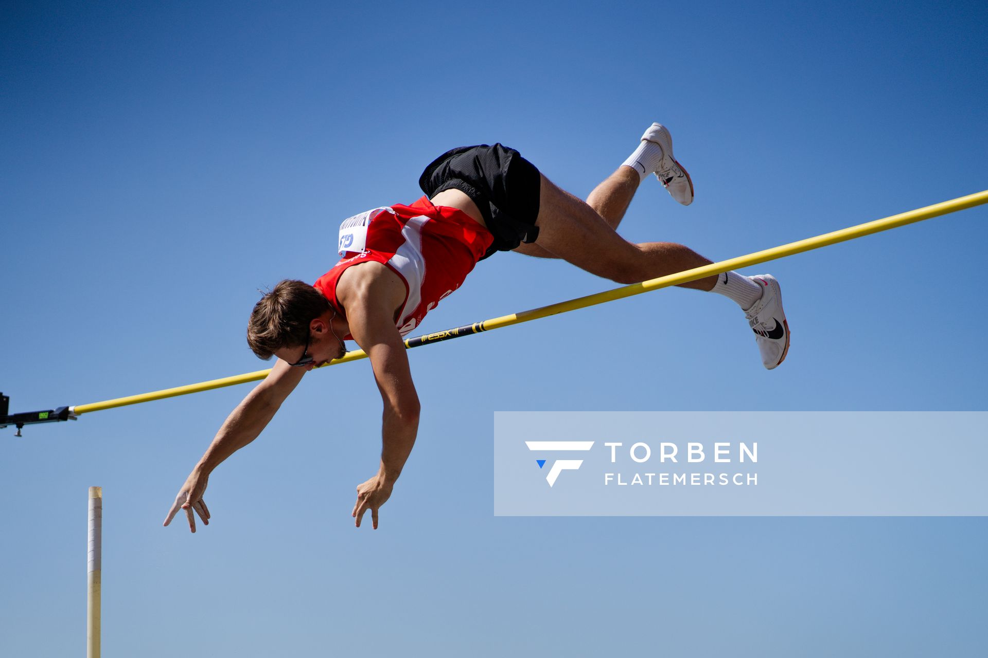 Tom Linus Humann (Schweriner SC) beim Stabhochsprung der Deutschen Leichtathletik-Meisterschaften im Rahmen der Finals 2023 Rhein-Ruhr am 07.07.2023 am Rheinufer in Duesseldorf
