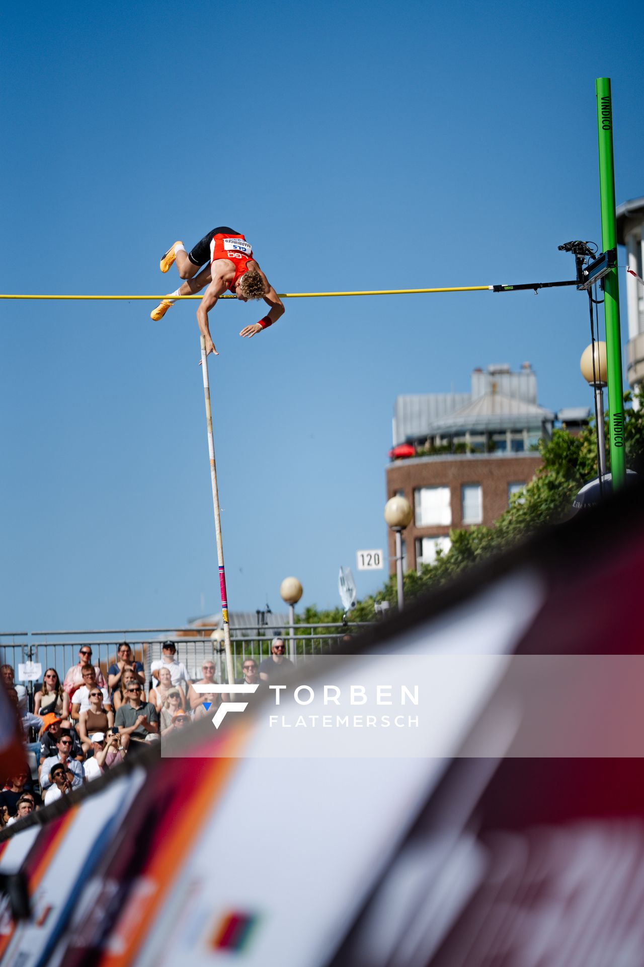 Till Marburger (LG Olympia Dortmund) beim Stabhochsprung der Deutschen Leichtathletik-Meisterschaften im Rahmen der Finals 2023 Rhein-Ruhr am 07.07.2023 am Rheinufer in Duesseldorf