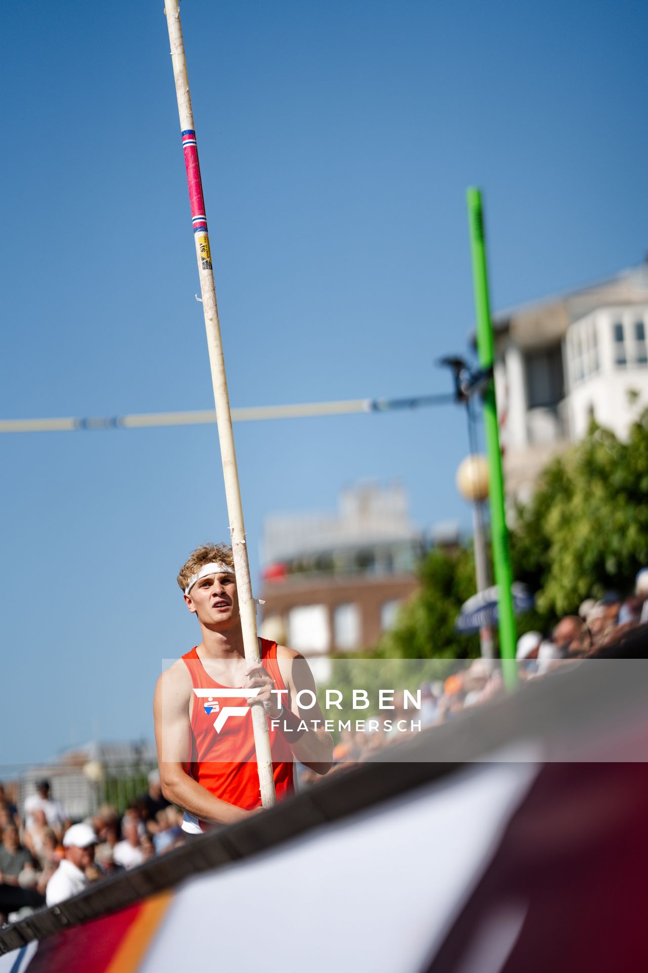 Till Marburger (LG Olympia Dortmund) beim Stabhochsprung der Deutschen Leichtathletik-Meisterschaften im Rahmen der Finals 2023 Rhein-Ruhr am 07.07.2023 am Rheinufer in Duesseldorf