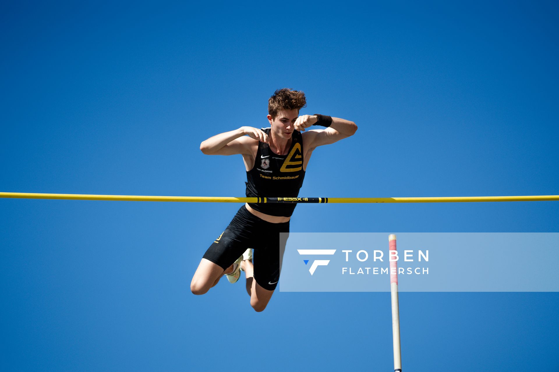 Louis Proebstle (TSV Graefelfing) beim Stabhochsprung der Deutschen Leichtathletik-Meisterschaften im Rahmen der Finals 2023 Rhein-Ruhr am 07.07.2023 am Rheinufer in Duesseldorf