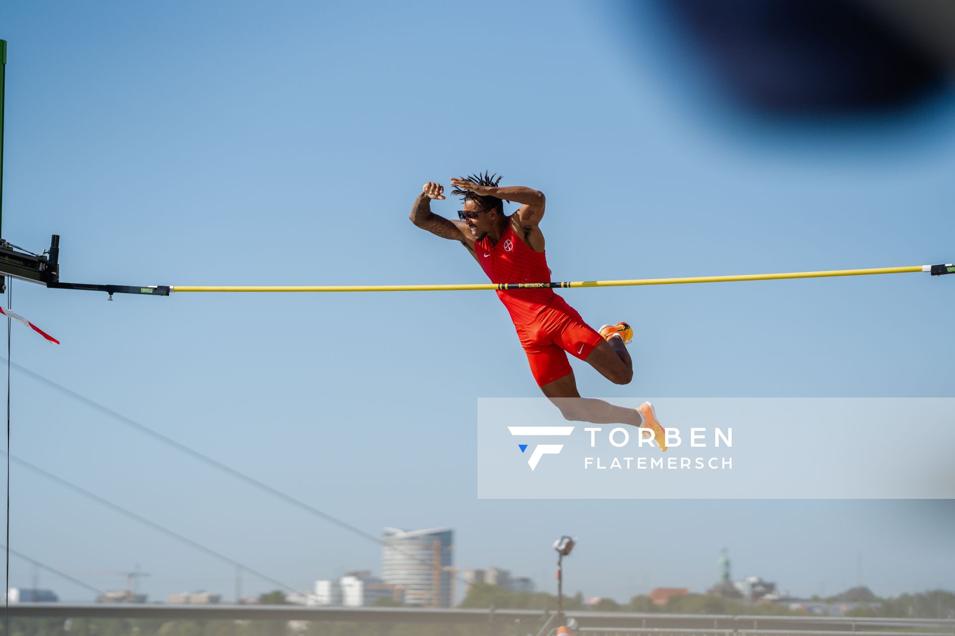 Bo Kanda Lita Baehre (TSV Bayer 04 Leverkusen) beim Stabhochsprung der Deutschen Leichtathletik-Meisterschaften im Rahmen der Finals 2023 Rhein-Ruhr am 07.07.2023 am Rheinufer in Duesseldorf