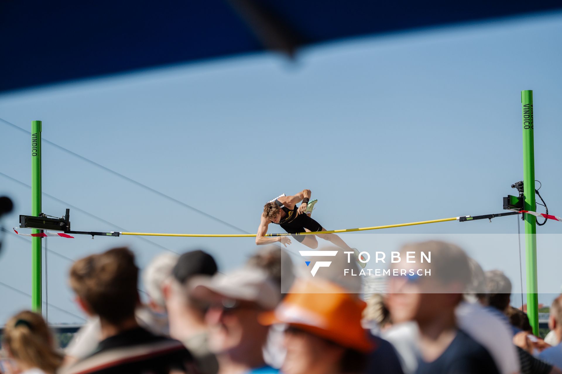 Louis Proebstle (TSV Graefelfing) beim Stabhochsprung der Deutschen Leichtathletik-Meisterschaften im Rahmen der Finals 2023 Rhein-Ruhr am 07.07.2023 am Rheinufer in Duesseldorf