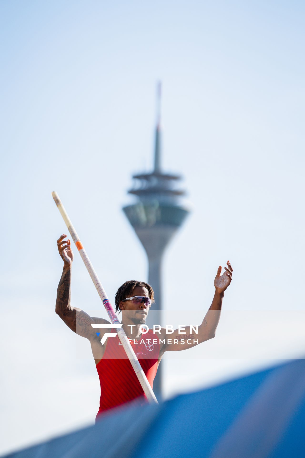 Bo Kanda Lita Baehre (TSV Bayer 04 Leverkusen) beim Stabhochsprung der Deutschen Leichtathletik-Meisterschaften im Rahmen der Finals 2023 Rhein-Ruhr am 07.07.2023 am Rheinufer in Duesseldorf