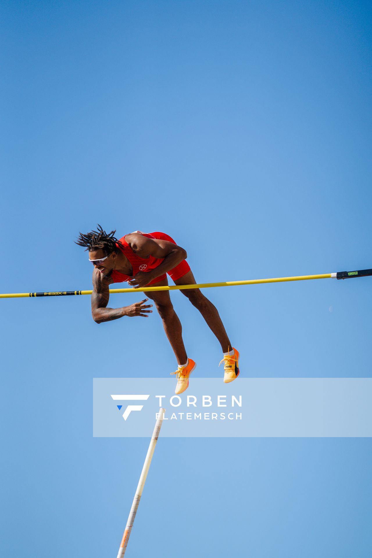 Bo Kanda Lita Baehre (TSV Bayer 04 Leverkusen) beim Stabhochsprung der Deutschen Leichtathletik-Meisterschaften im Rahmen der Finals 2023 Rhein-Ruhr am 07.07.2023 am Rheinufer in Duesseldorf