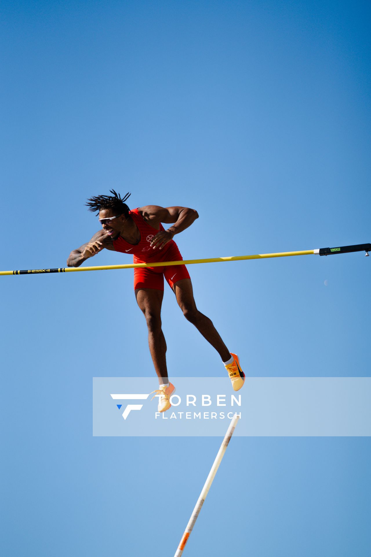 Bo Kanda Lita Baehre (TSV Bayer 04 Leverkusen) beim Stabhochsprung der Deutschen Leichtathletik-Meisterschaften im Rahmen der Finals 2023 Rhein-Ruhr am 07.07.2023 am Rheinufer in Duesseldorf