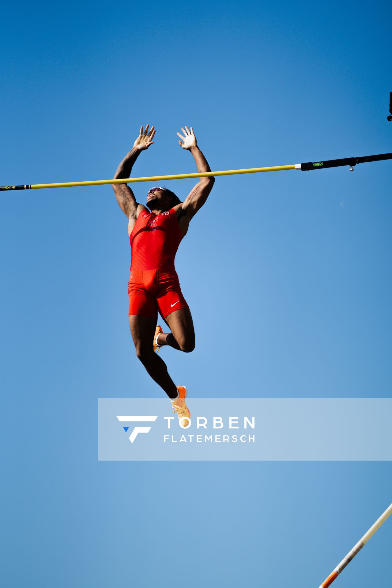 Bo Kanda Lita Baehre (TSV Bayer 04 Leverkusen) beim Stabhochsprung der Deutschen Leichtathletik-Meisterschaften im Rahmen der Finals 2023 Rhein-Ruhr am 07.07.2023 am Rheinufer in Duesseldorf