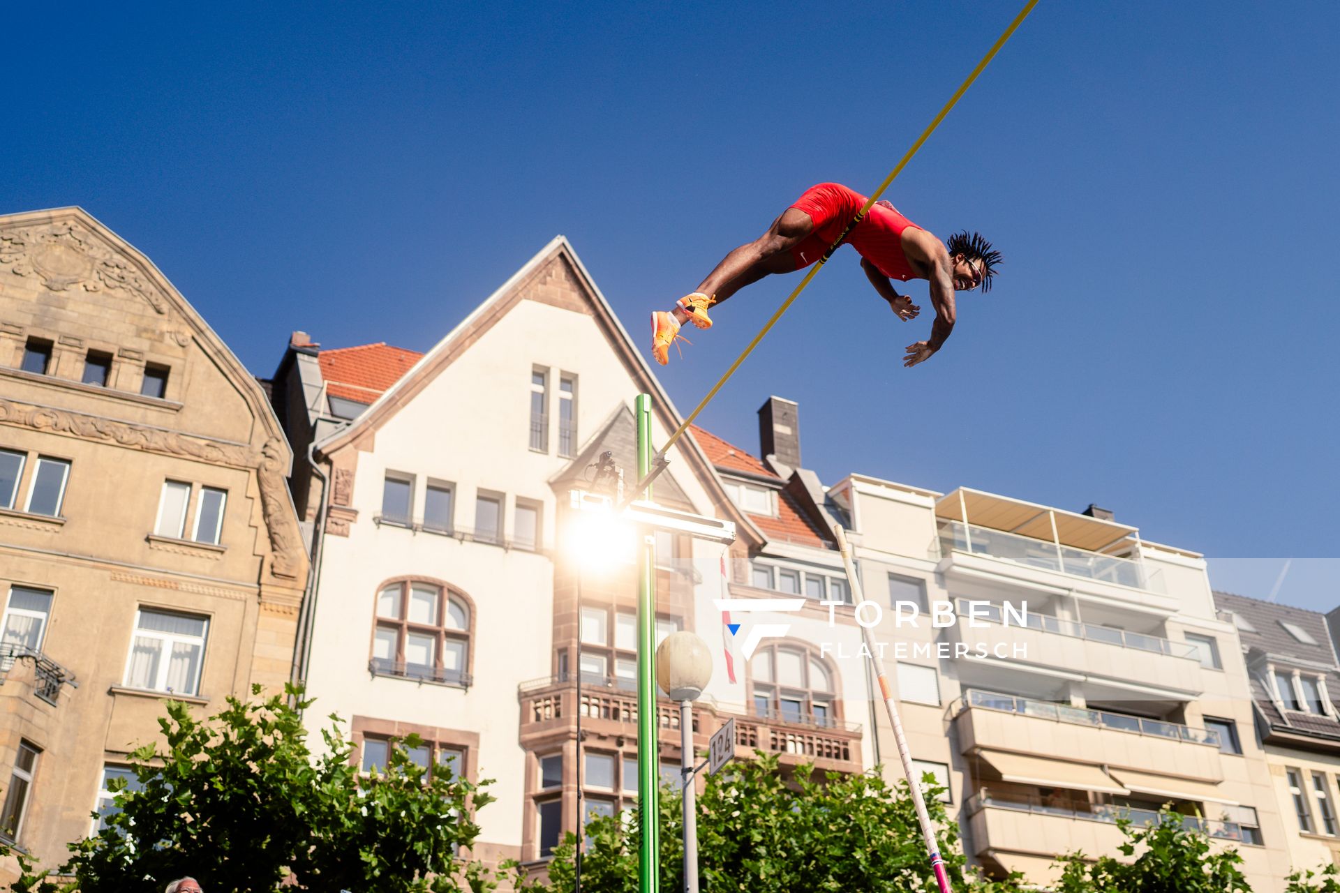 Bo Kanda Lita Baehre (TSV Bayer 04 Leverkusen) beim Stabhochsprung der Deutschen Leichtathletik-Meisterschaften im Rahmen der Finals 2023 Rhein-Ruhr am 07.07.2023 am Rheinufer in Duesseldorf