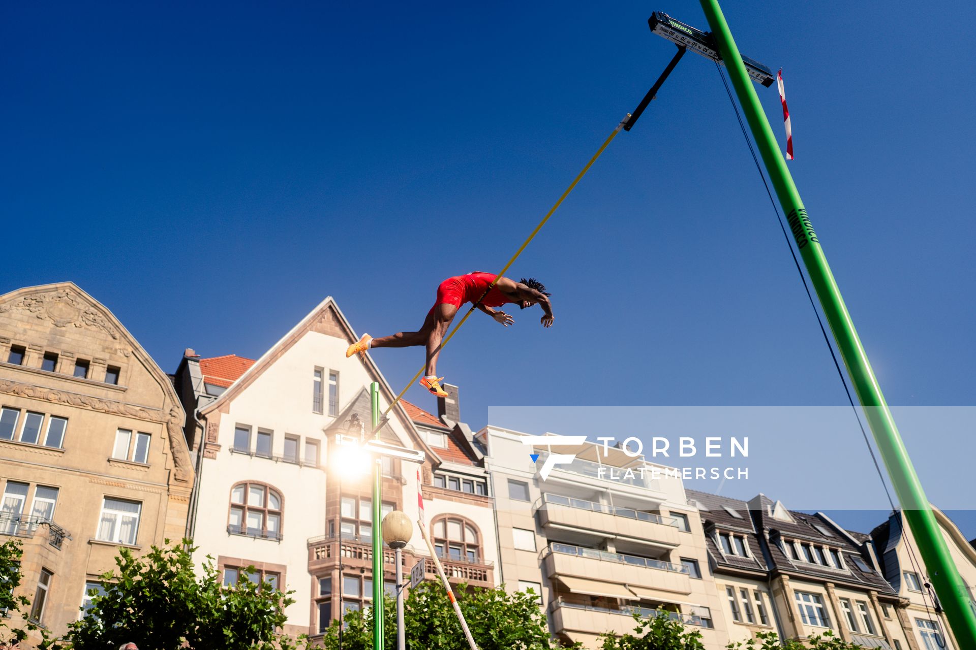 Bo Kanda Lita Baehre (TSV Bayer 04 Leverkusen) beim Stabhochsprung der Deutschen Leichtathletik-Meisterschaften im Rahmen der Finals 2023 Rhein-Ruhr am 07.07.2023 am Rheinufer in Duesseldorf