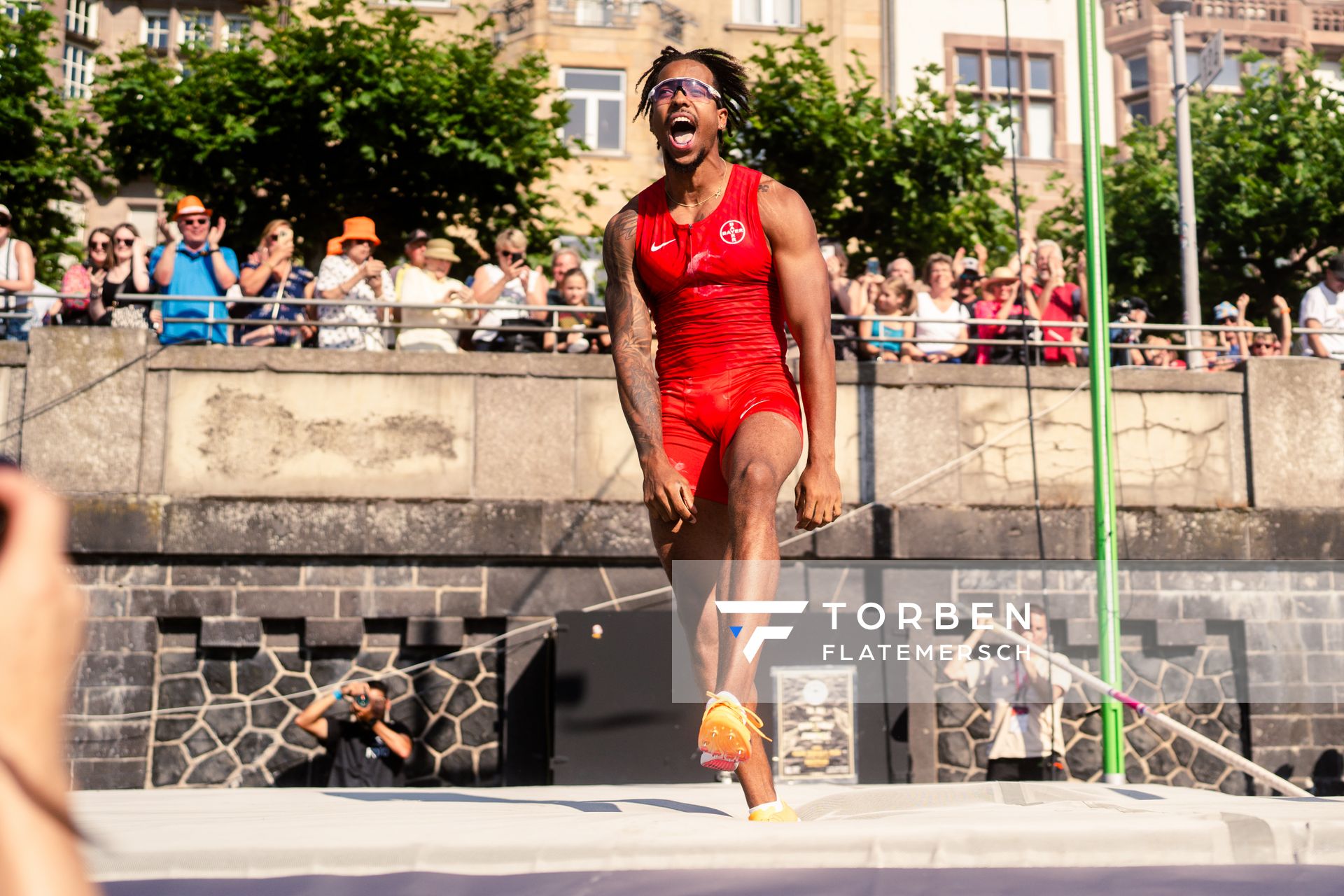 Bo Kanda Lita Baehre (TSV Bayer 04 Leverkusen) beim Stabhochsprung der Deutschen Leichtathletik-Meisterschaften im Rahmen der Finals 2023 Rhein-Ruhr am 07.07.2023 am Rheinufer in Duesseldorf
