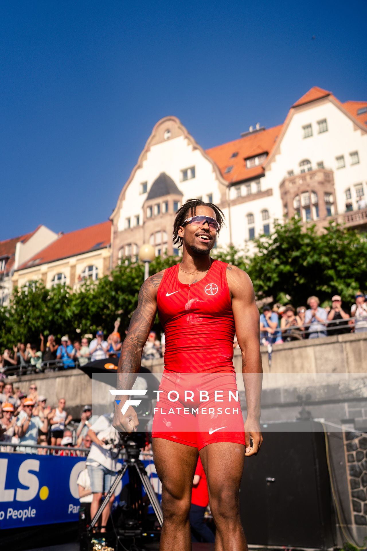 Bo Kanda Lita Baehre (TSV Bayer 04 Leverkusen) beim Stabhochsprung der Deutschen Leichtathletik-Meisterschaften im Rahmen der Finals 2023 Rhein-Ruhr am 07.07.2023 am Rheinufer in Duesseldorf