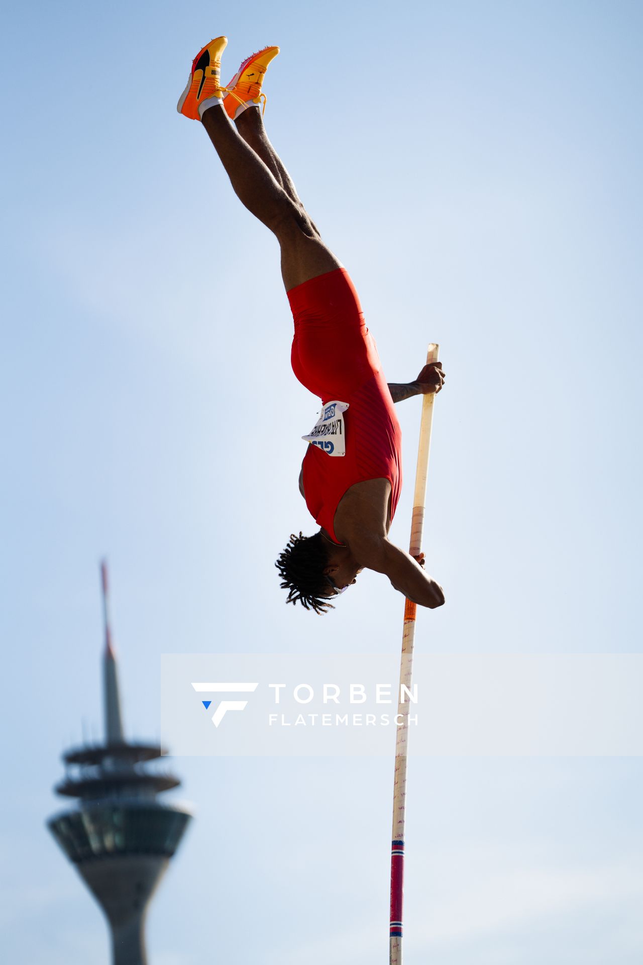 Bo Kanda Lita Baehre (TSV Bayer 04 Leverkusen) beim Stabhochsprung der Deutschen Leichtathletik-Meisterschaften im Rahmen der Finals 2023 Rhein-Ruhr am 07.07.2023 am Rheinufer in Duesseldorf