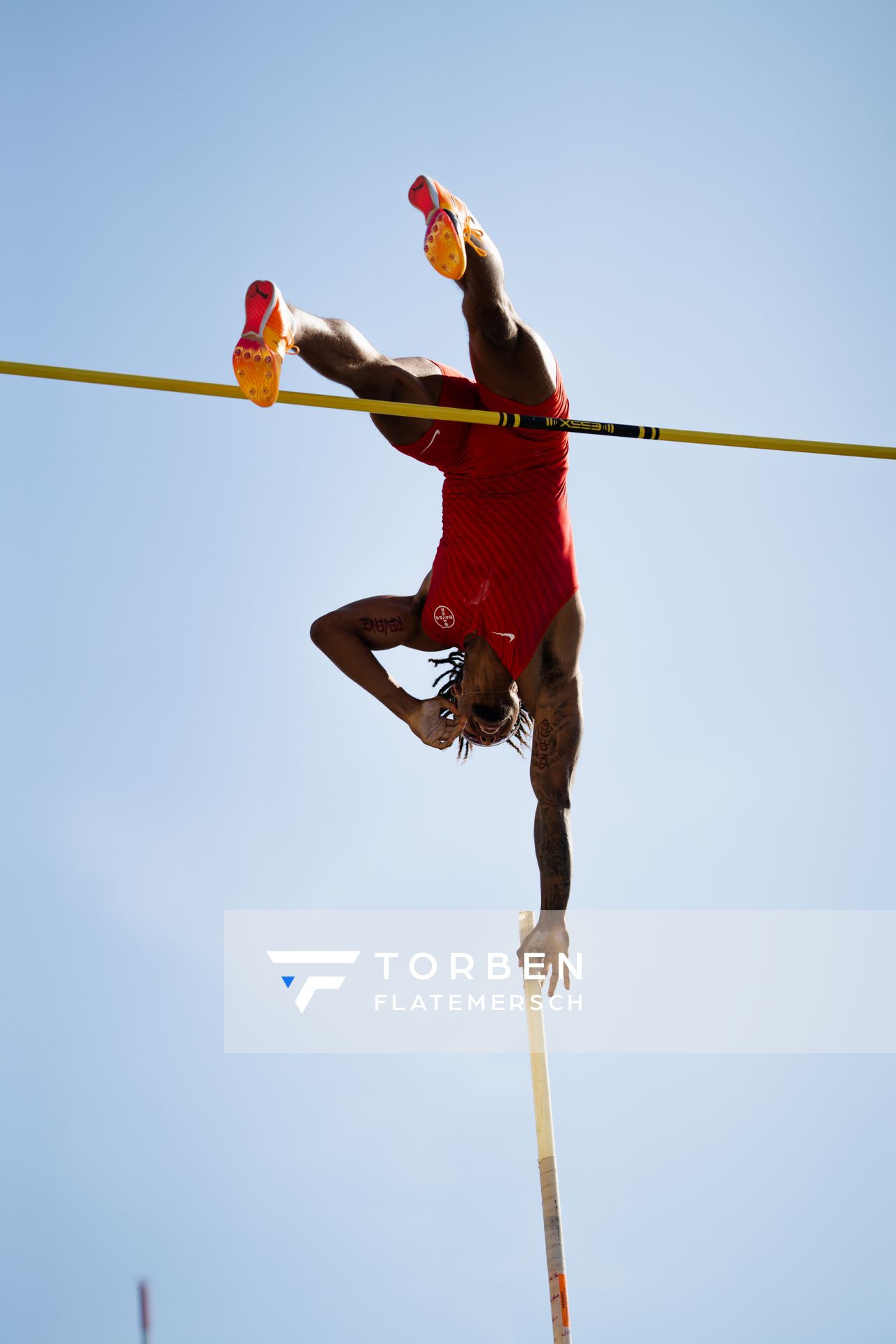 Bo Kanda Lita Baehre (TSV Bayer 04 Leverkusen) beim Stabhochsprung der Deutschen Leichtathletik-Meisterschaften im Rahmen der Finals 2023 Rhein-Ruhr am 07.07.2023 am Rheinufer in Duesseldorf