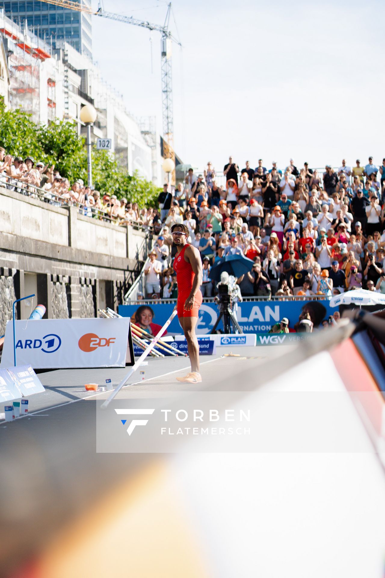 Bo Kanda Lita Baehre (TSV Bayer 04 Leverkusen) beim Stabhochsprung der Deutschen Leichtathletik-Meisterschaften im Rahmen der Finals 2023 Rhein-Ruhr am 07.07.2023 am Rheinufer in Duesseldorf