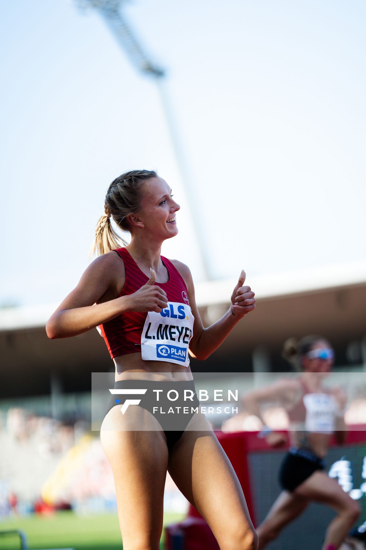 Lea Meyer (TSV Bayer 04 Leverkusen) ueber 5000m während der 113. Deutschen Leichtathletik-Meisterschaften am 08.07.2023 im Auestadion in Kassel